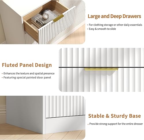 Miniatura 4 de Cómoda blanca con 7 cajones para dormitorio, cómoda acanalada de 55 pulgadas de ancho con asas doradas, cómoda moderna para dormitorio, armario,