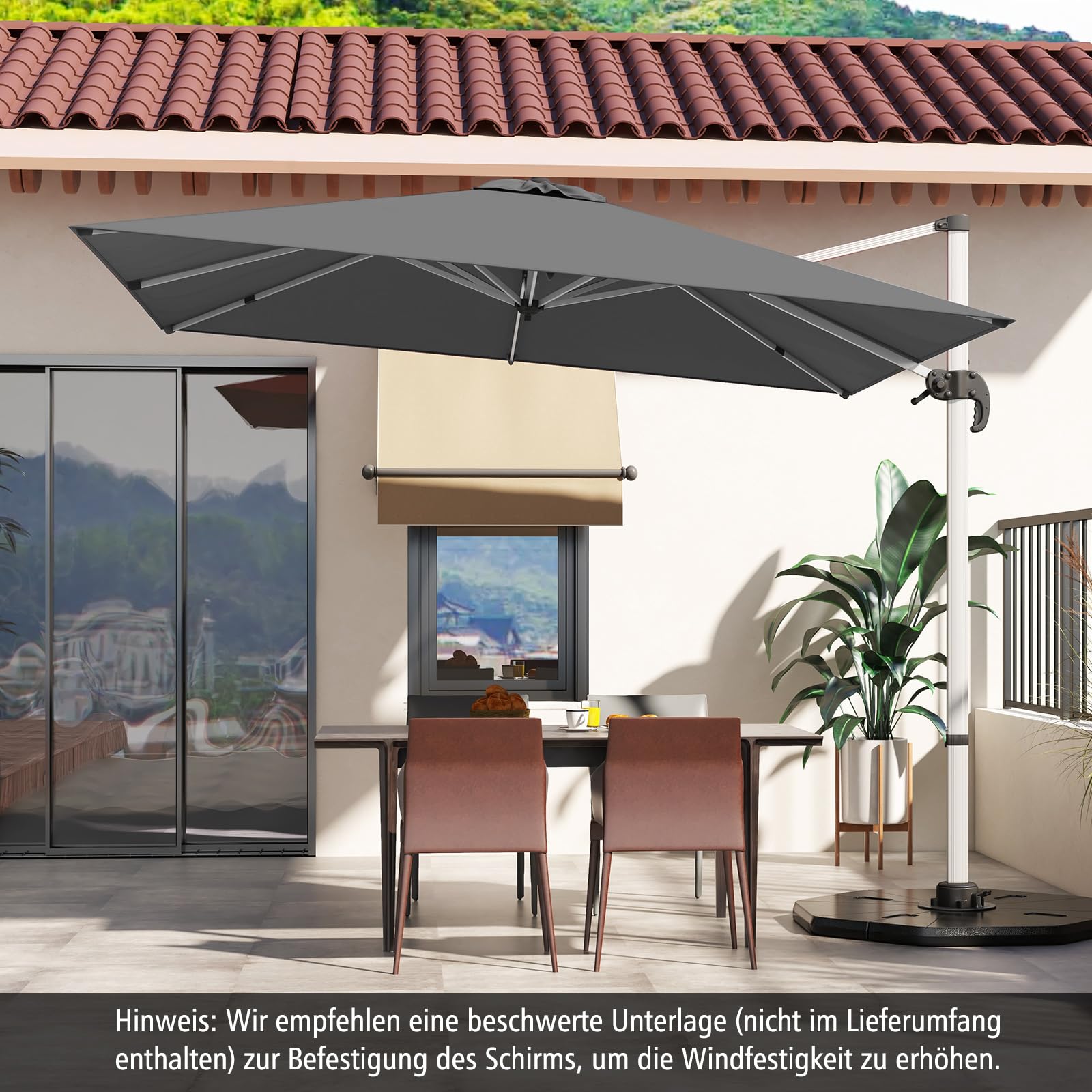 COSTWAY Parasol przeciwsłoneczny, prostokątny, 300 x 300 cm, duży parasol przeciwsłoneczny z korbą, parasol ogrodowy, odchylany o 360°, parasol tarasowy, do ogrodu, na taras, balkon, szary