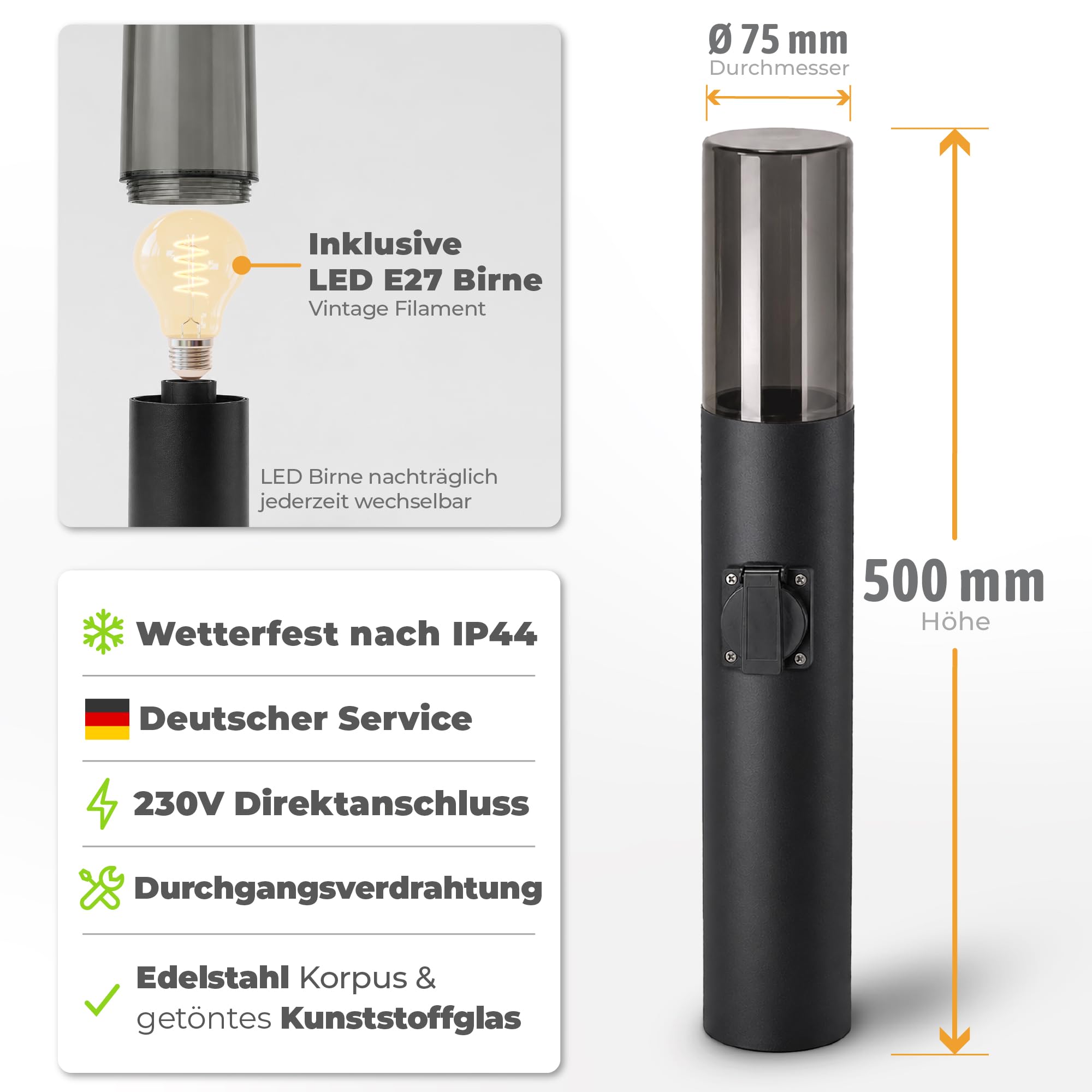 SSC-LUXon VARDA Wegeleuchte Außen mit Steckdose inkl. LED E27 Glühbirne Filament extra warm - Außenleuchte mit Stromanschluss 230V