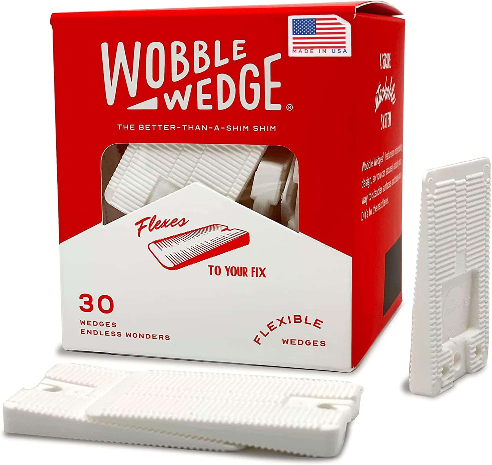 The Original Wobble Wedge Flexible Plastic Shims, Multi-Purpose Leveling Shim for Home Improvement, Furniture & Toilet Leveler, White Plastic Wedges for Tables, Wood Floors & Tile, Made in USA, 30Pack