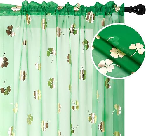 Miniatura 1 de Cortinas traslúcidas de gasa con estampado de lámina dorada, cortinas de ventana con bolsillo para barra, 84 pulgadas de largo, paneles de