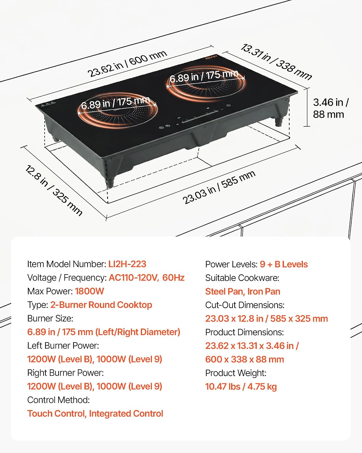 VEVOR Induction Cooktop 24inch 2 Burners Built-in Electric Stove 110V | 1800W, Low-Power Continuous Heating, Induction Burner, with 9 Power Levels, LED Touch Screen, and Child Lock, RV