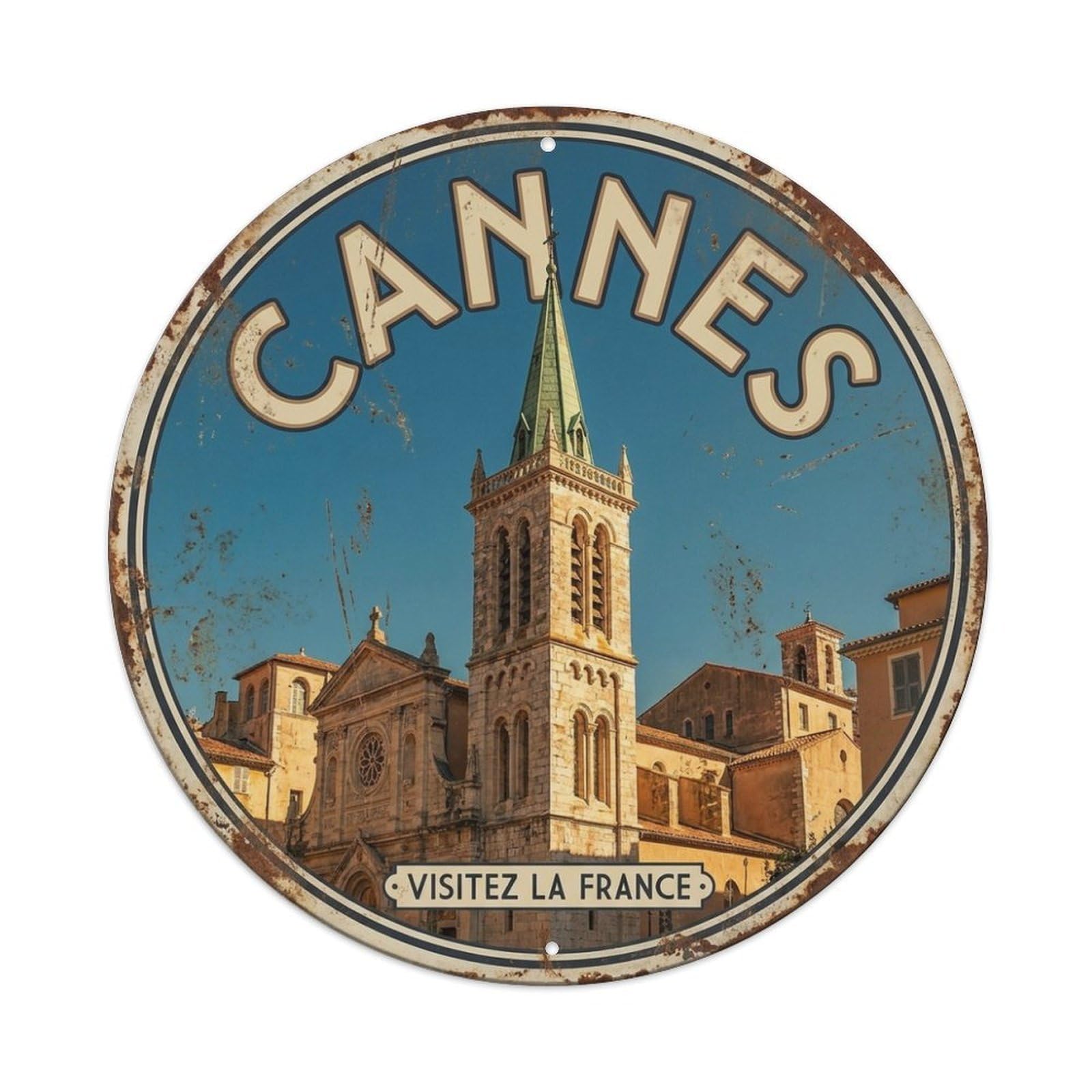 Church Tower of Cannes Heritage Travel Vintage Metal Tin Sign