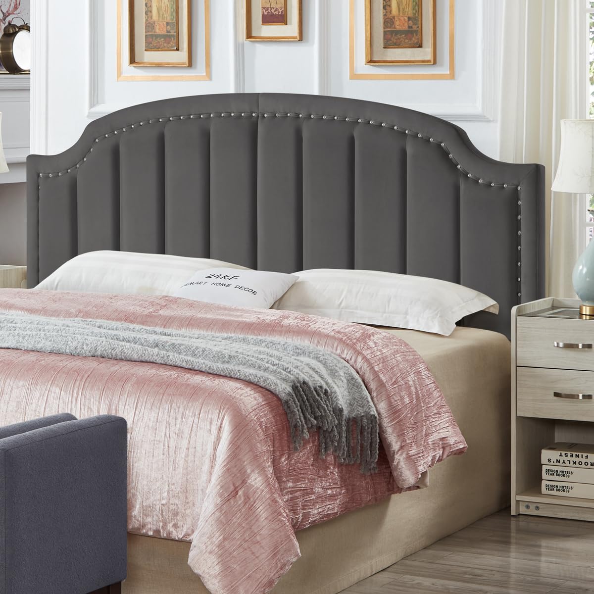 24KF Velvet Fabric Upholstered King/California King Headboard with Nail Trims, Modern Vertical Channel Design with Curved King Headboard, 6052-K-Dark