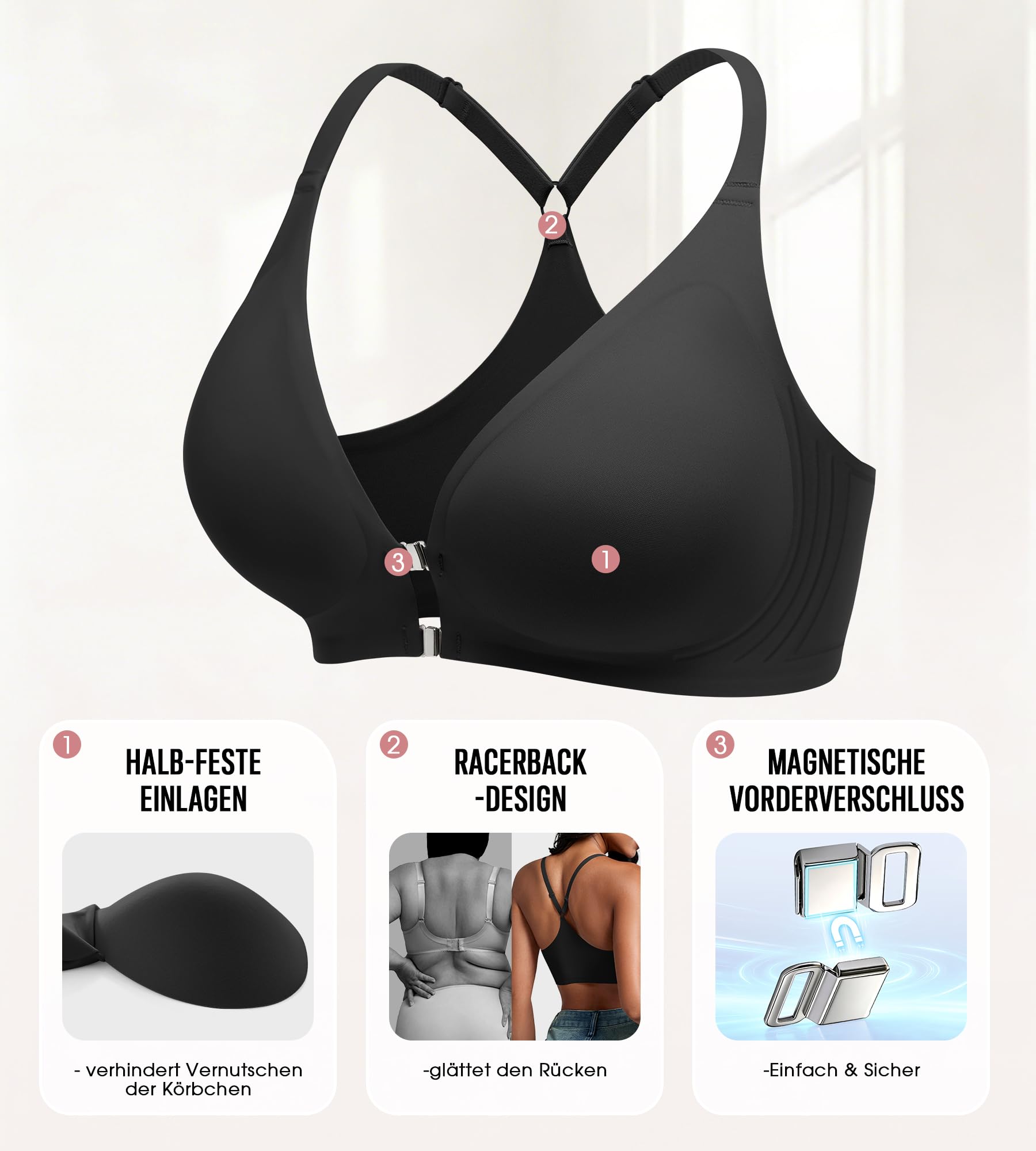 DEANGELMON BH Vorderverschluss Damen ohne Bügel Sexy Tiefer Ausschnitt Racerback T-Shirt BH Nahtloser Bralettes Bra