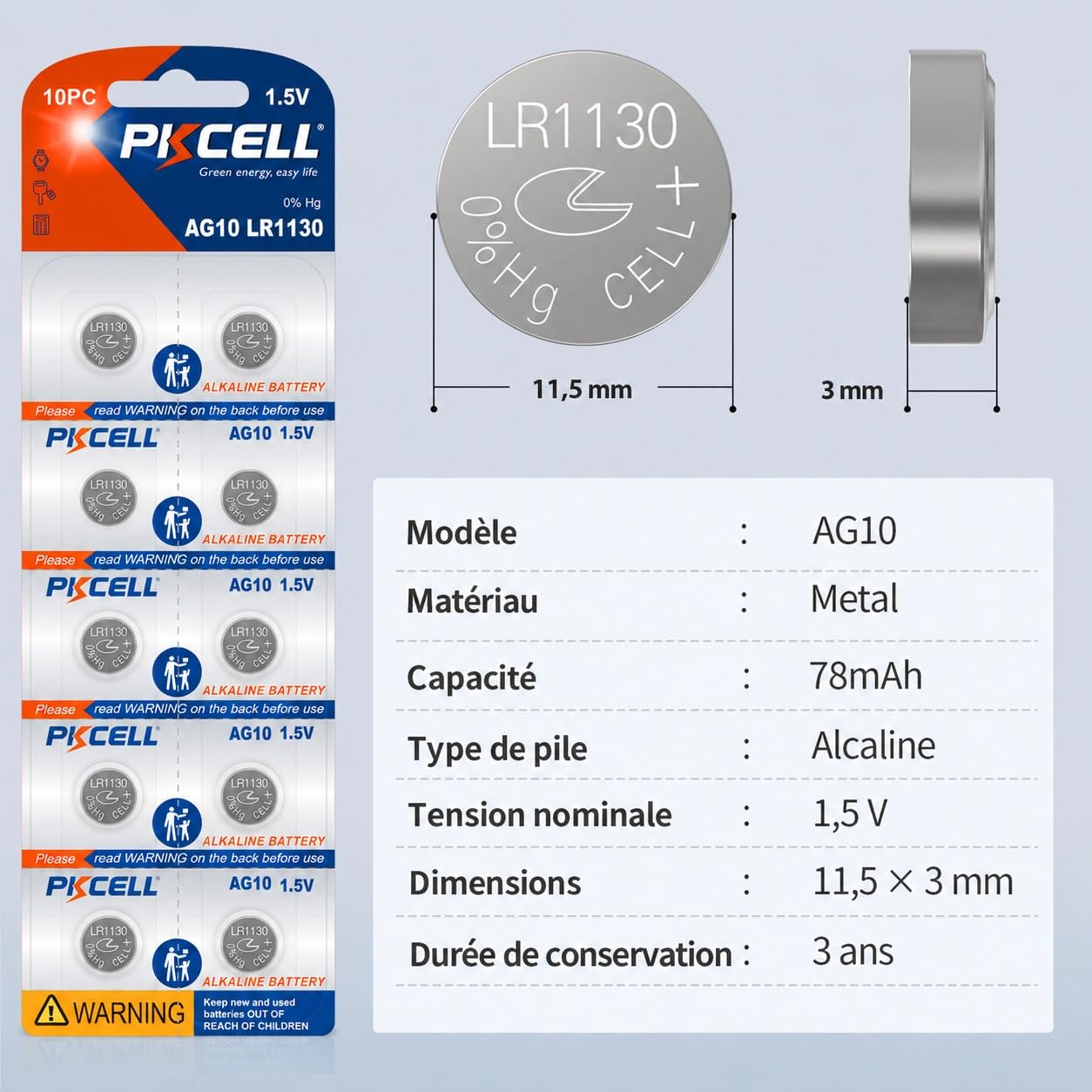 PKCELL LR1130 AG10 Piles Bouton alcaline Longue durée Lot de 20