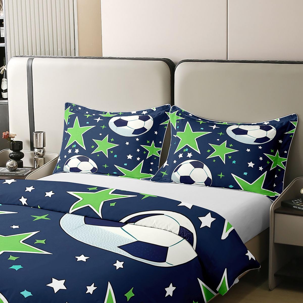 Homewish Piłka nożna chłopcy pościel podwójne łóżko zestaw piłka nożna gry bawełna poszewka na kołdrę piłka sportowa poszewka na kołdrę dla dzieci chłopców nastolatków dorosłych zielona gwiazda