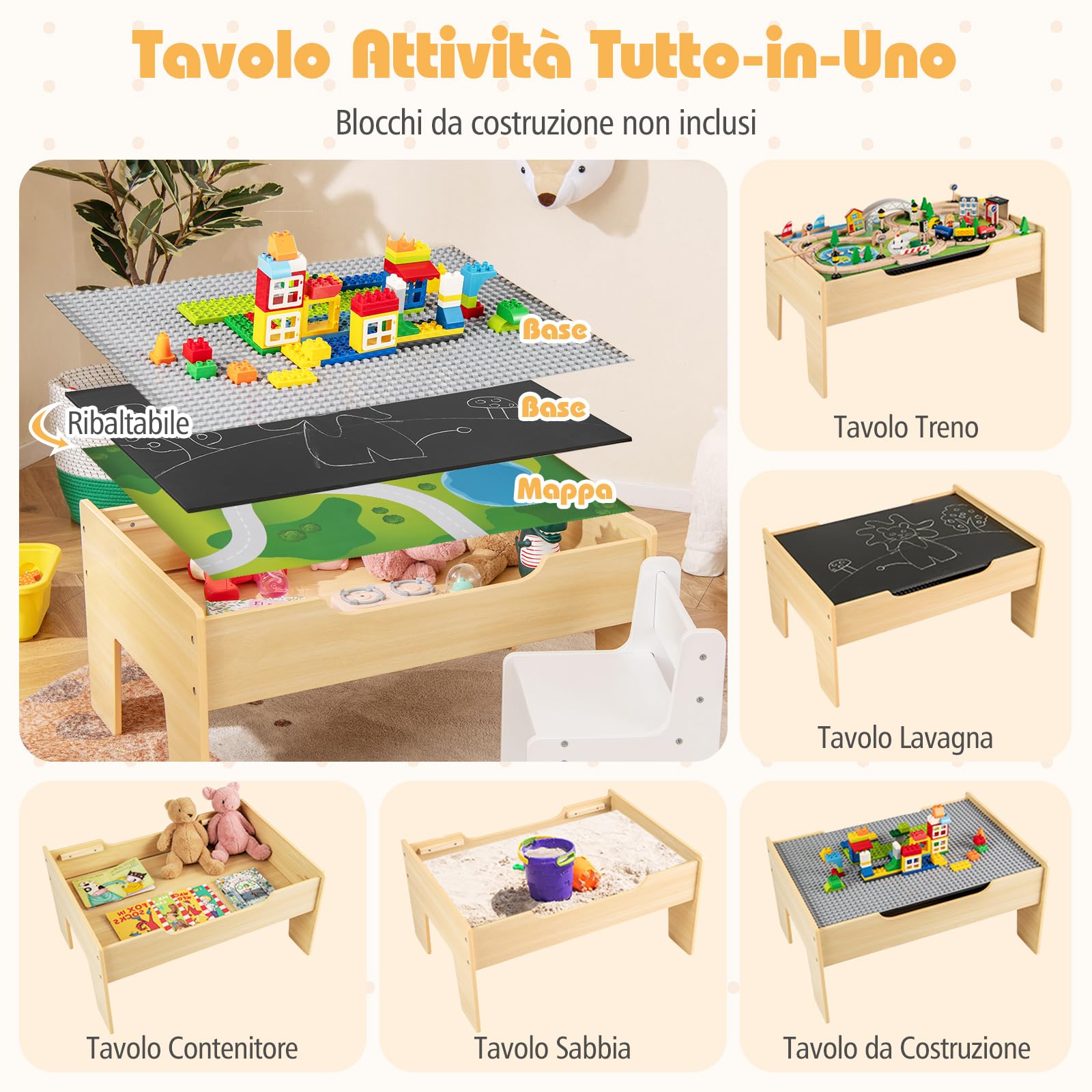 COSTWAY Tavolo e Set di Trenini in Legno, Tavolo da Gioco per Bambini con 78 Pezzi, Tavola Attività con Piano e Base Ribaltabile, Canna da Pesca Magnetica, Regalo per Bambini 3 Anni+