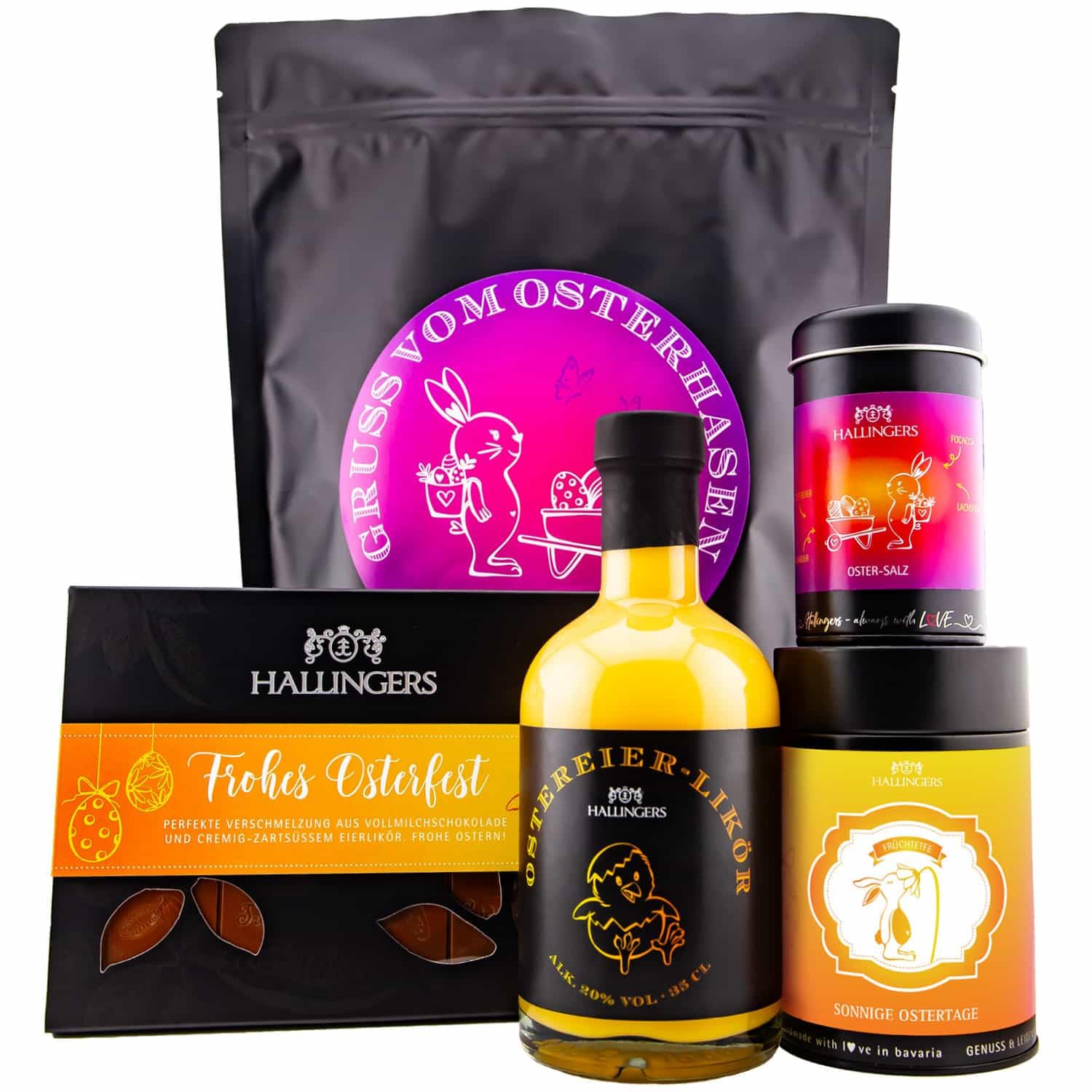 Hallingers Genuss Manufaktur Feinkost Oster-Geschenk-Set - XXL-Wundertüte "Gruß vom Osterh..." großes Osternest Oster-Schokolade, Eierlikör, Früchtetee & Salz, Ostern Körbchen für Frauen Mädchen