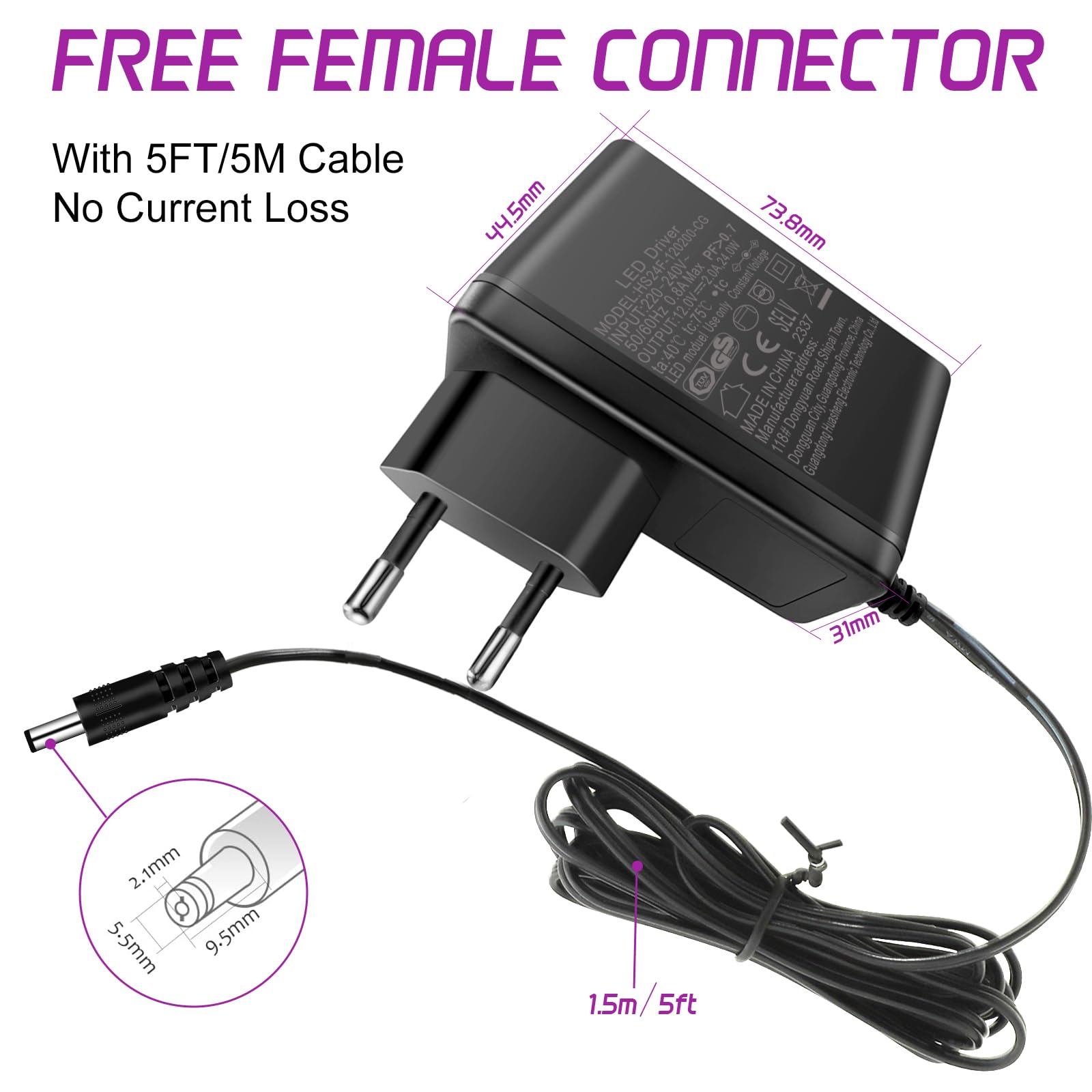 Adattatore di Alimentazione DC 12V 2A 24W,AC 100-240V a DC 12V per Strisce LED, Radiosveglia, Scanner, Aspirapolvere, Router