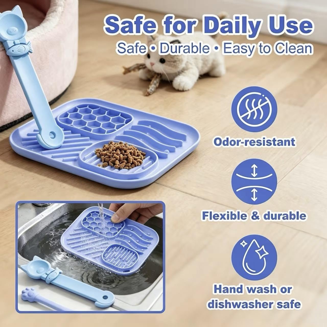 AZY Set di 3 mangiatoie lente per gatti, mangiatoia per coda di gatto in silicone, tappetino per leccare e cucchiaio per cibo per gatti, strumenti per l'alimentazione umida, ciotola per
