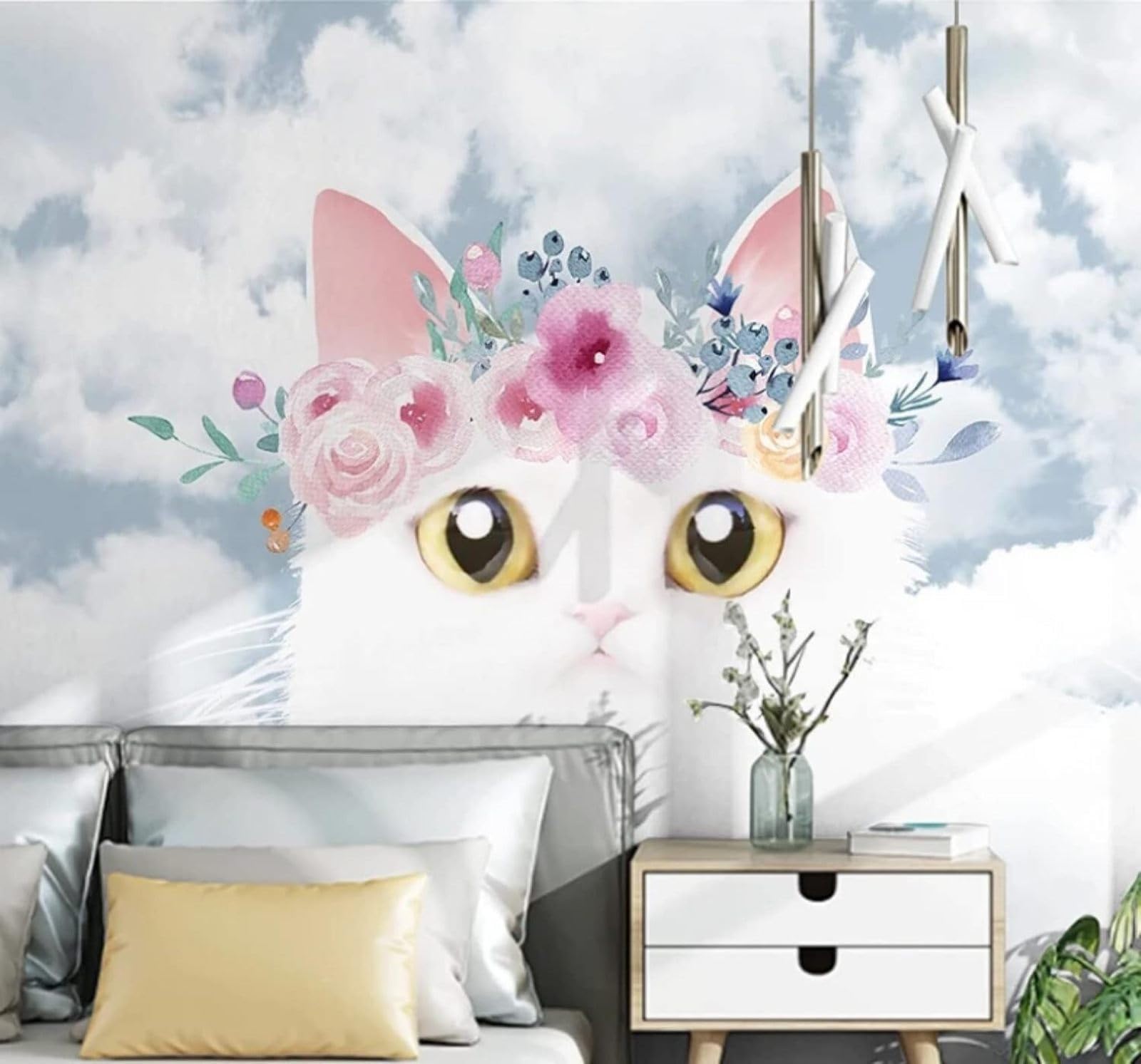 XLMING Cartoon Cute Kitten Flowers Sky 3D Wallpaper Luxury Home Dining Decor Paste Sofa Living Room The Wall for Bedroom Mural-250cm×170cm