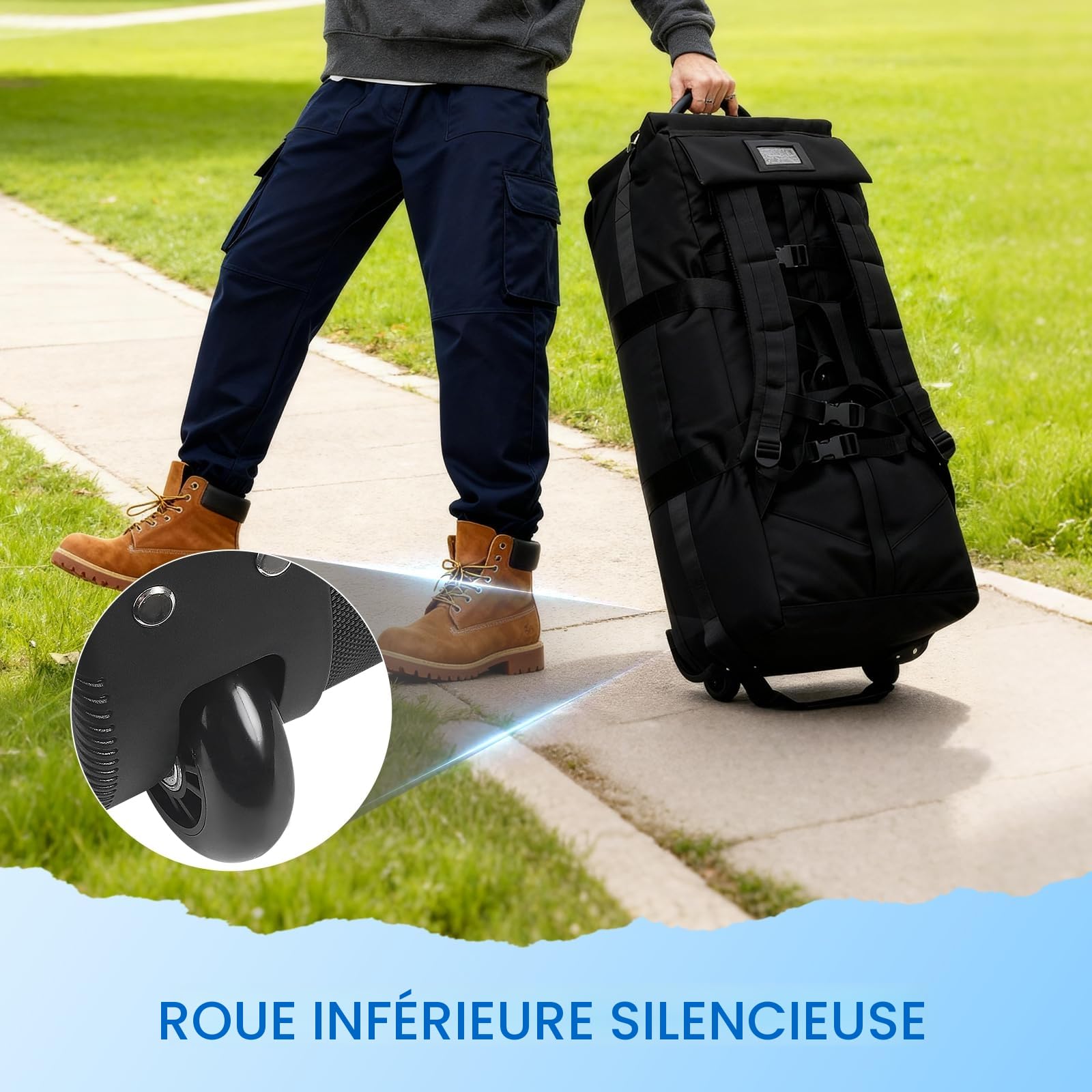 3 in 1 Sac de Voyage à roulettes 75L, 80x30x33cm Sac à Dos Voyage avec Organisateur de Voyage Imperméable, Compartiment Chaussures, Oxford Robuste résistant à l'usure et imperméable (Noir)