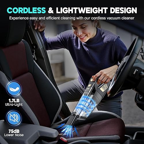 Miniatura 7 de Aspiradora de Mano Inalámbrica, 15000PA Succión Fuerte Aspiradora de Mano para Carro Portátil con Múltiples Boquillas y Filtro Lavable, Ligera Negro