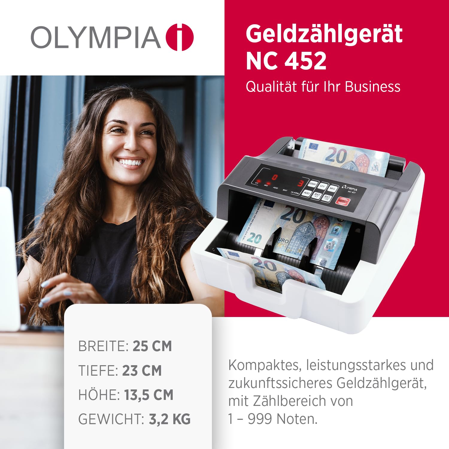 Olympia NC 452 Akku Geldzählmaschine & Geldscheinprüfer | Falschgeld Prüfer | Geldzählmaschine Scheine | Banknotenzähler mit UV MG Sensoren | LCD Display | Zählmaschine für Geldscheine & Banknoten