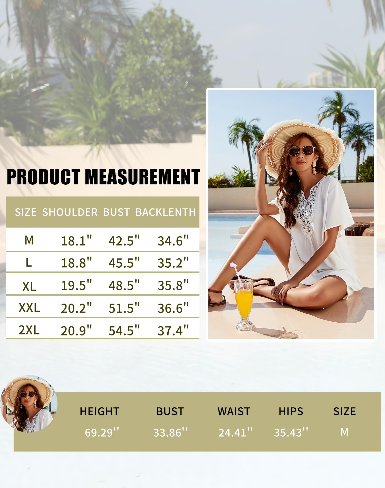 OURS Traje de baño para mujer, vestido de encaje de ganchillo con cuello en V, para verano, playa, bikini, traje de baño