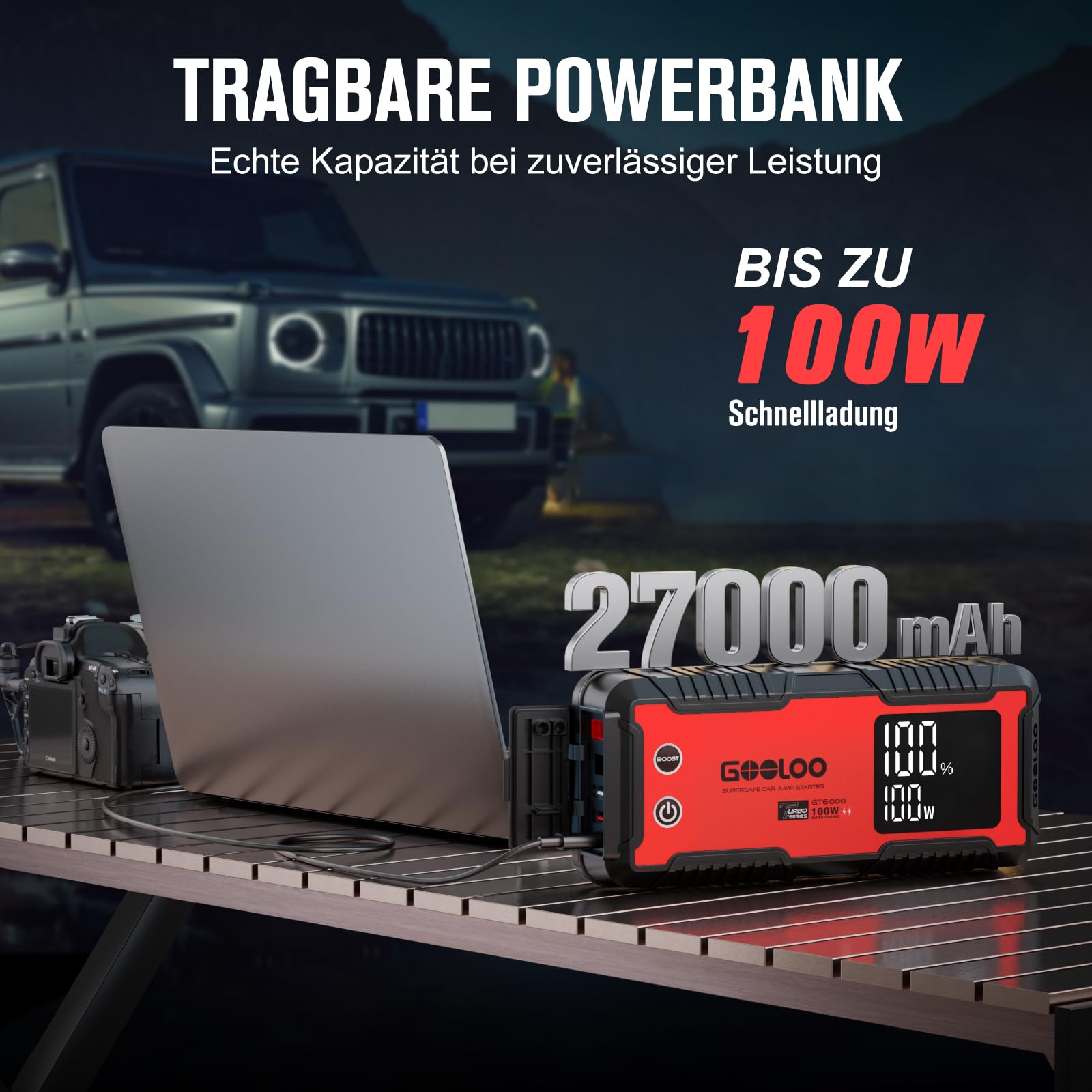 GOOLOO GT6000 Starthilfe Powerbank,6000A Peak Ultar Sicher Zweiwege-Schnellladegerät für 12V Fahrzeuge(All Benzin und 12 L Diesel), Booster Auto Starthilfe mit LED Taschenlampe UND 3,2 LED Bildschirm