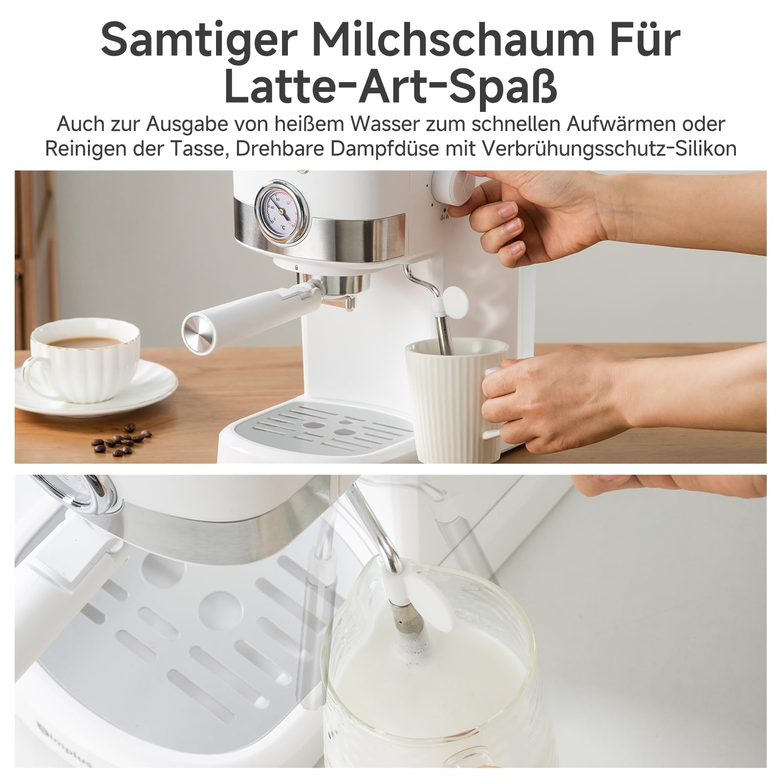 SIMPLUS Espressomaschine 15 Bar Dual Shot, Temperaturanzeige, schwenkbare Dampfdüse für cremigen Milchschaum, 1,2-L-Wassertank, Warmhalteplatte, automatische Abschaltung und abnehmbares Tropfblech