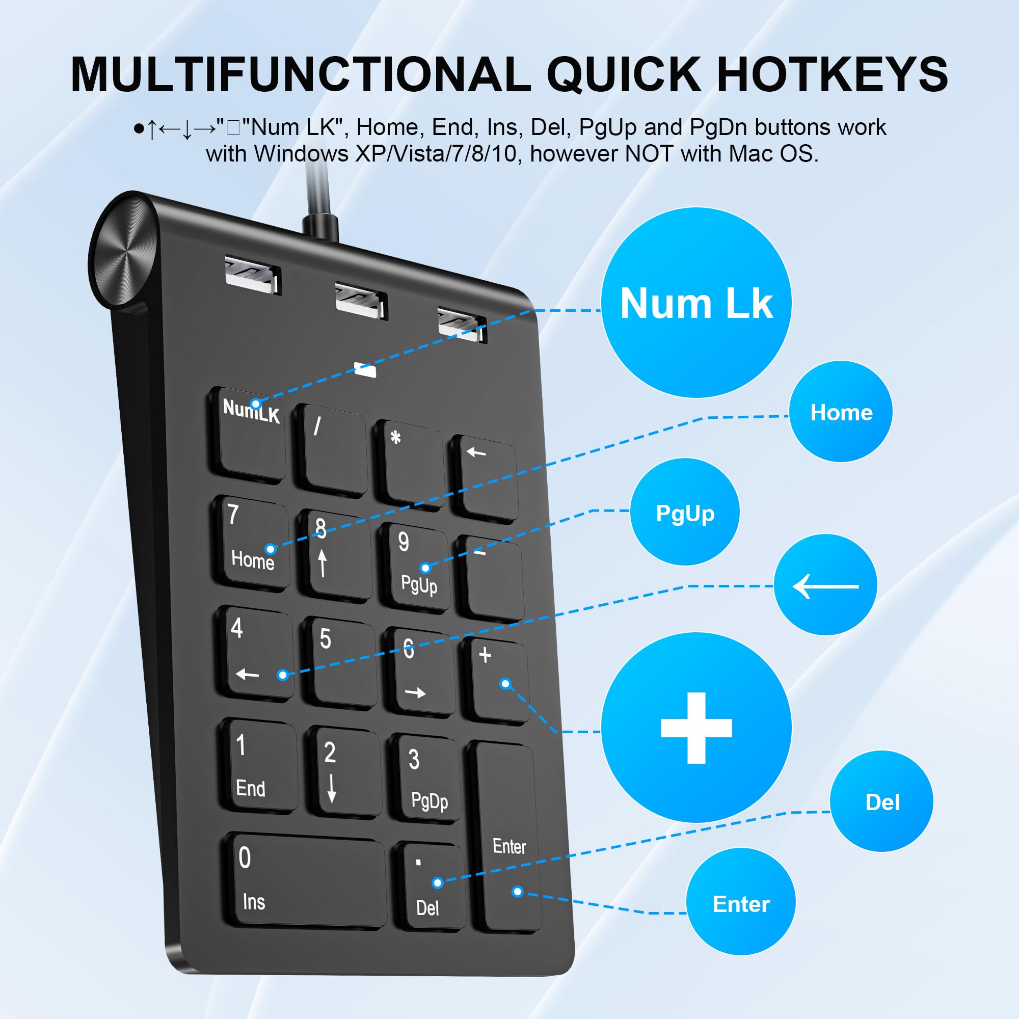 Teclado Numérico con Cable, USB A/USB C Ultradelgado 18 Teclas Mini Teclado Numpad Portátil Ergonómico con 3 USB 2.0 Puertos, Oficina Cálculo Extensiones de Teclado para Computadora Portátil, PC