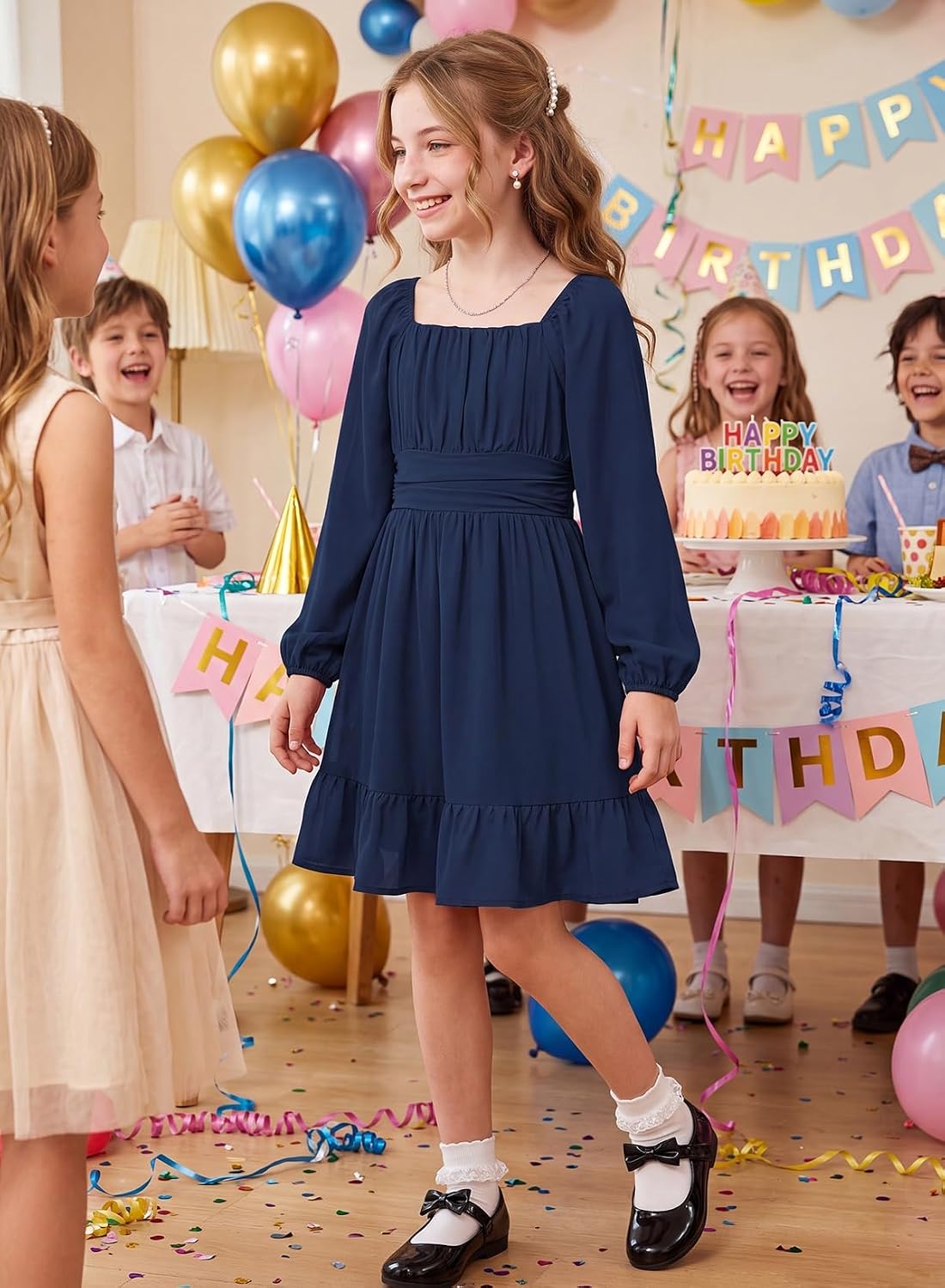 blibean Girls Long Sleeve Tie Back Dress Fall Casual A-Line Ruffle