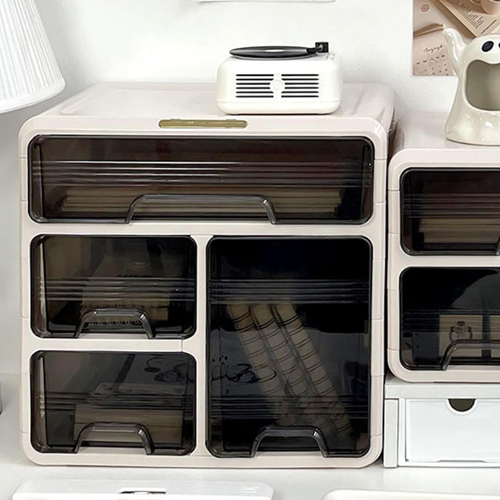 Organizer da scrivania con cassetto, scatola portaoggetti da scrivania in plastica, durevole, resistente agli urti, robusta organizzazione per l'home office, crema (3 livelli)