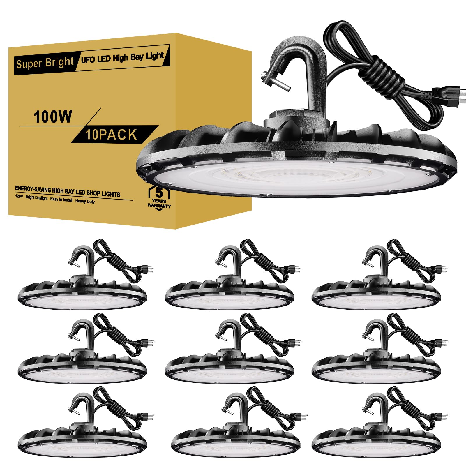 JC-LGL UFO LED High Bay Light 100W 10Pack, High Bay LED Shop lights 5000K 11,000Lm with US Plug, Hanging Hook, Safe Rope, Waterproof Commercial Bay Lighting for Warehouse Factory Barn Shop - UL Listed