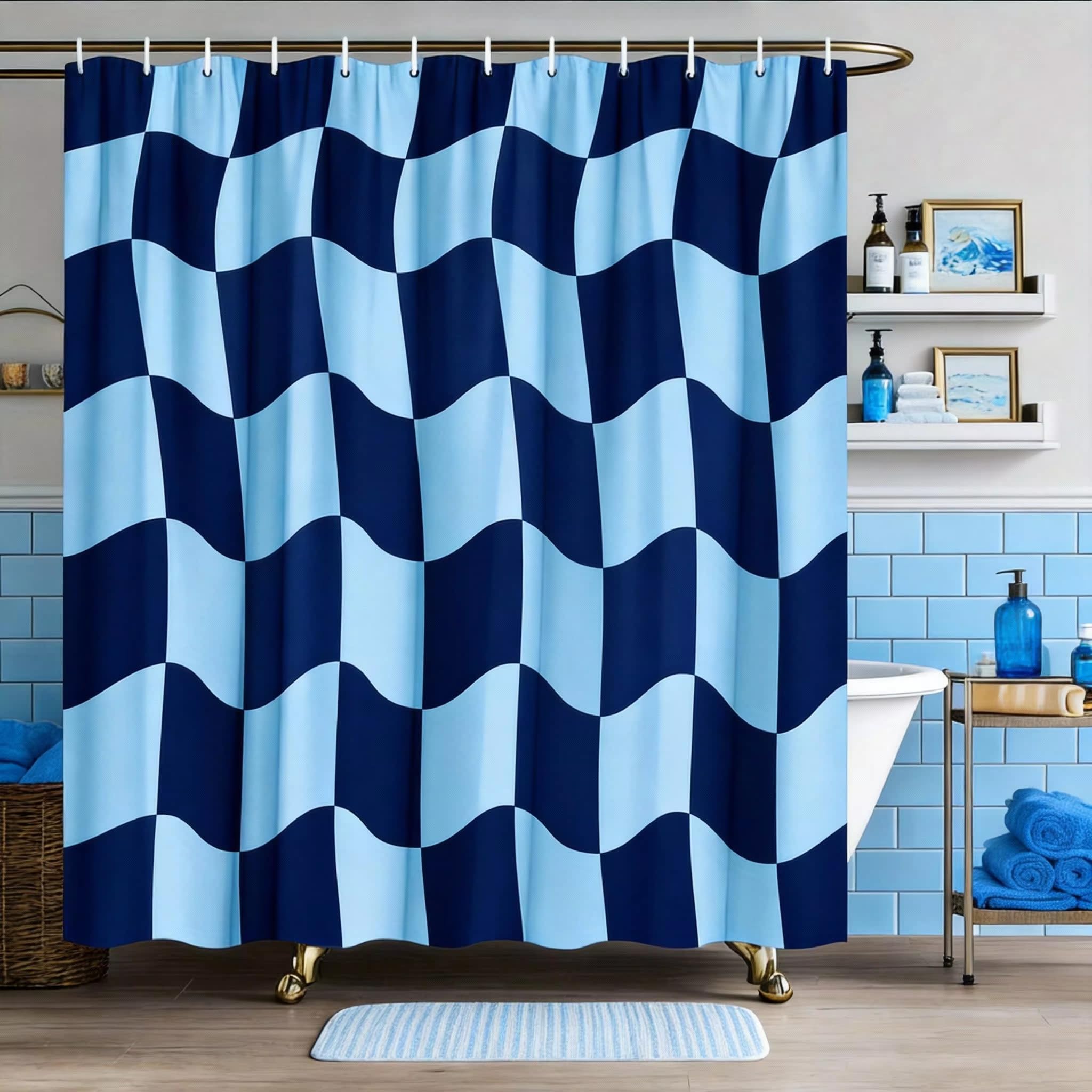 KELAIMI Wavy Checkered Shower Curtain,Modern Farmhouse Aesthetic Bathroom Curtains,Simple Quick-Dry Bathtub Curtains with Hooks Blue 90X180Cm