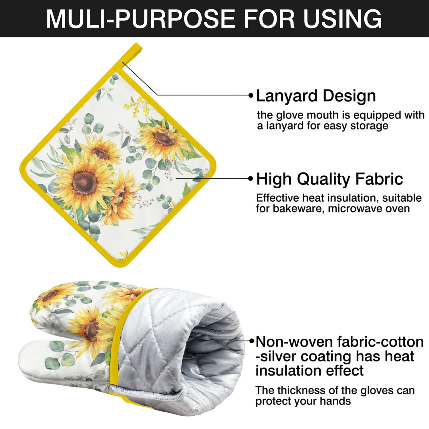 Juego de 4 manoplas de horno y soportes para ollas, decoración de cocina de girasol de granja, extra gruesos, resistentes al calor, guantes de horno y almohadillas calientes para hornear, cocinar y