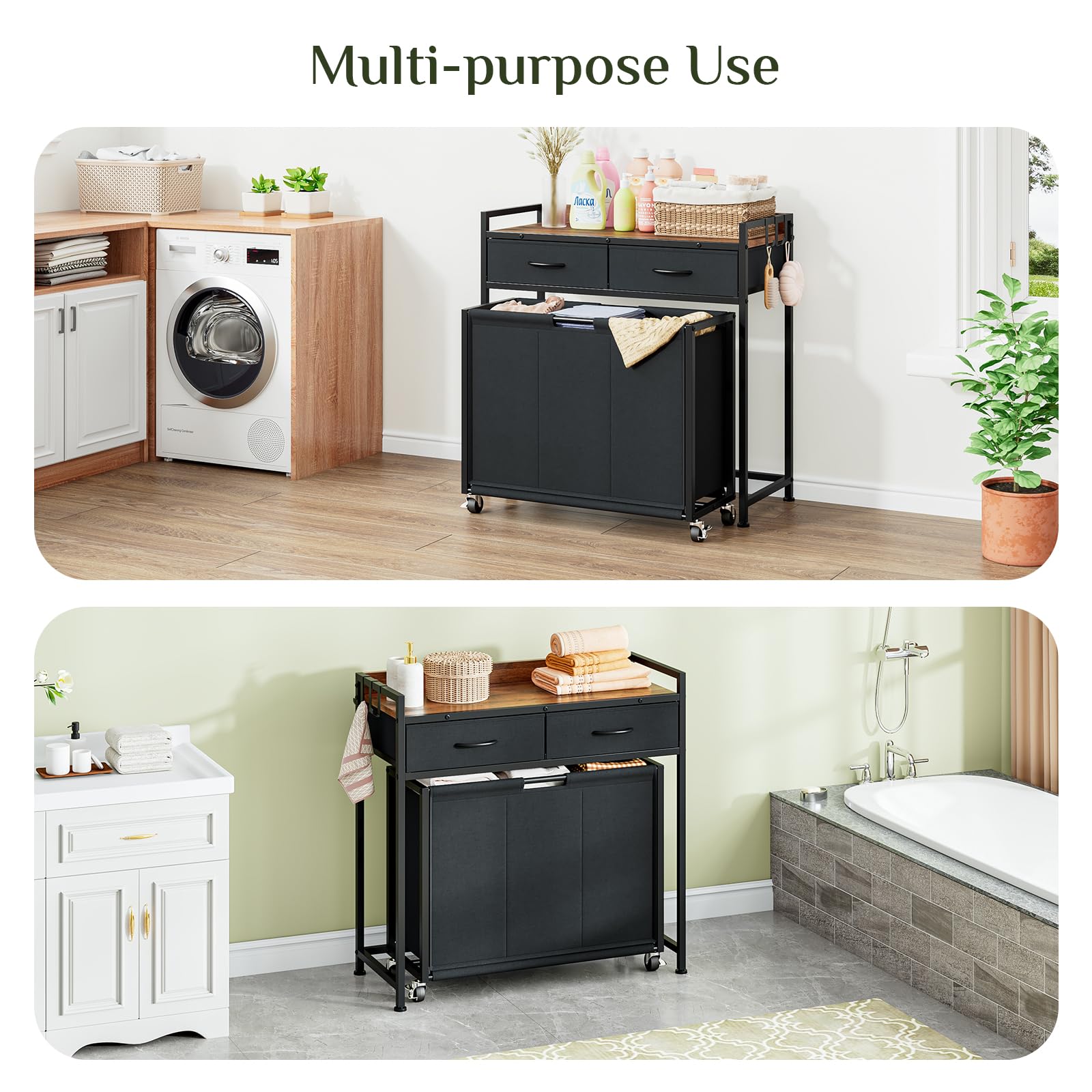 Carro para la ropa sucia con mueble, 120 l, 3 compartimentos, 2 cajones de tela, superficie de madera, 85 x 74 x 30 cm, negro (negro, 83 x 32 x 85 cm)