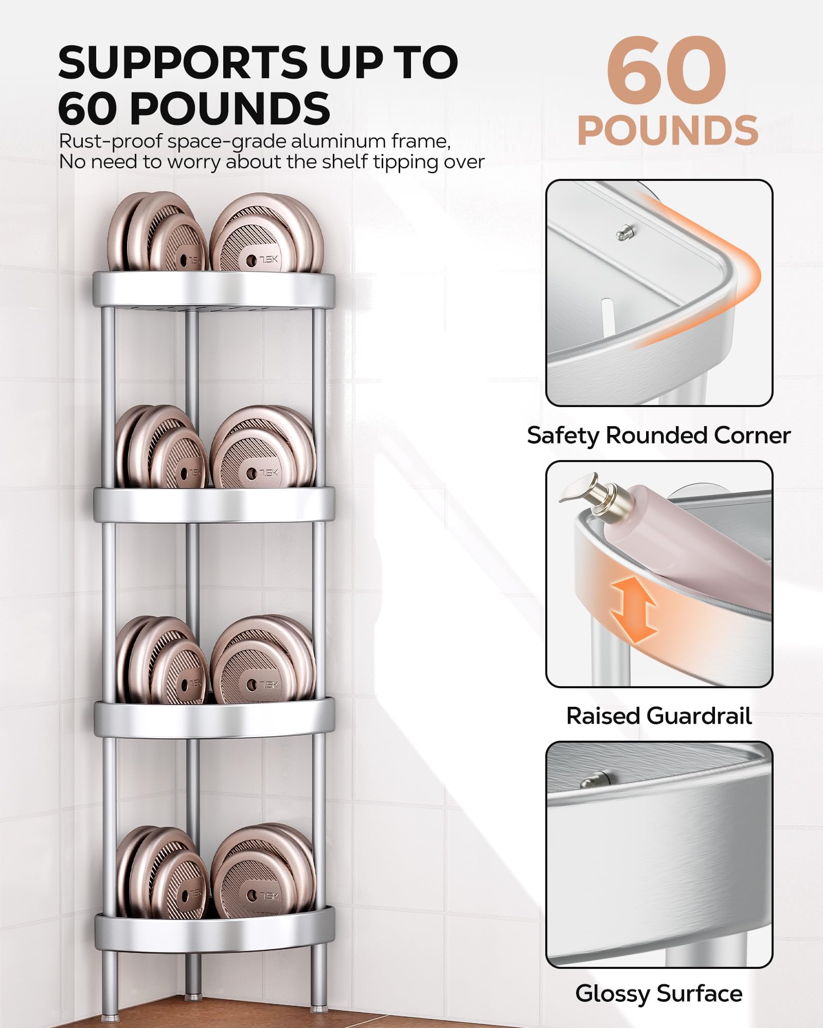 Nieifi Narożny stojak prysznicowy - 4-poziomowy nierdzewny anodowany aluminiowy stojący organizer prysznicowy, narożnik prysznicowy, podwójna stabilność, zapobiega wstrząsom, regulowana wysokość nóg