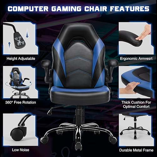 Miniatura 5 de DUMOS Ergonomic Computer Gaming Chair - Home Office Desk with PU Leather Lumbar Support, Height Adjustable Big and Tall Video Game with Flip-up