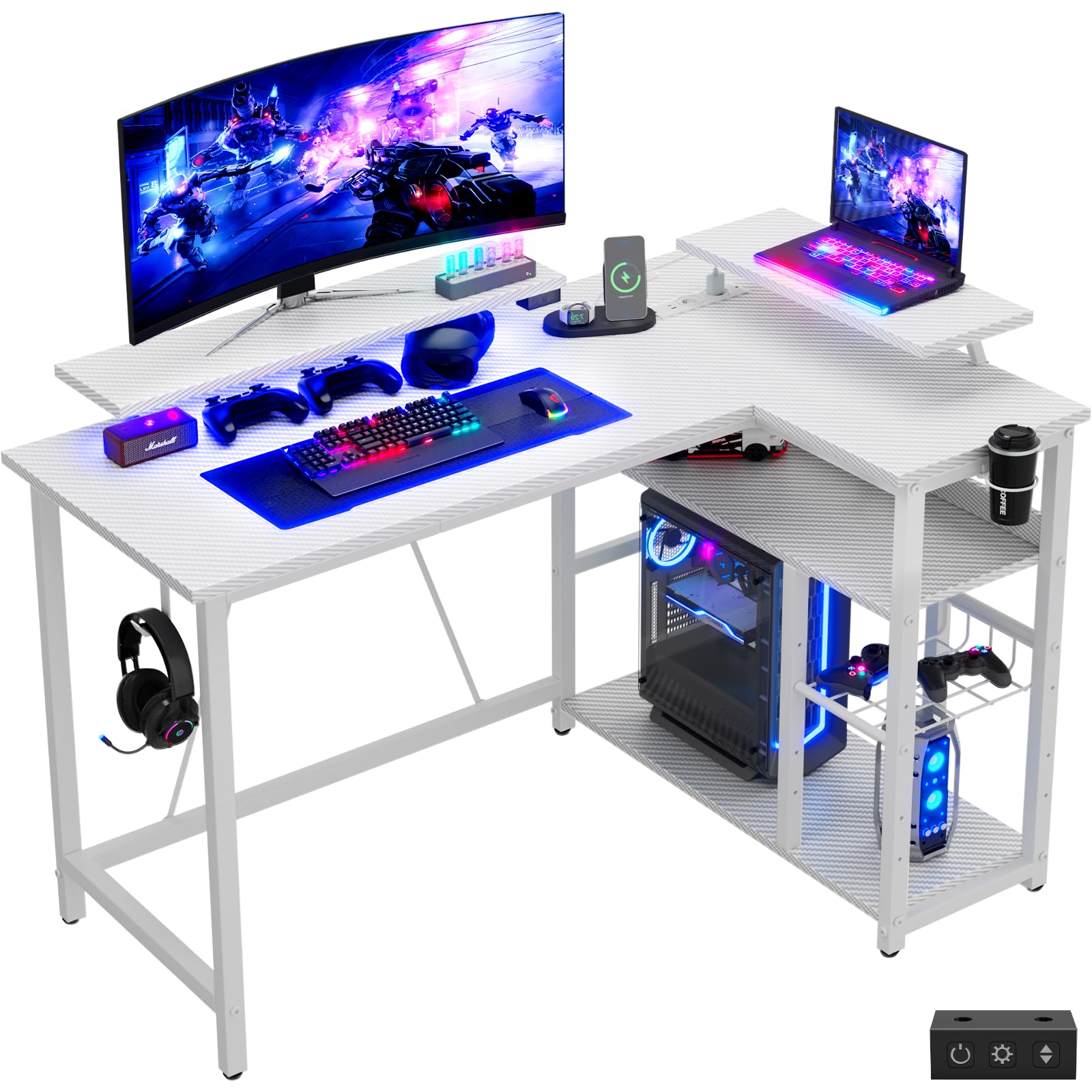 Devoko 120x80cm L Shaped Gaming Desk With RGB Lights&Power Outlets, Computer Corner Desks with Reversible Large Storage Shelves Office Table With Water cup holderοΌWhite