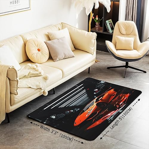 Miniatura 3 de Alfombra de área de coche de carreras de 5 x 7 pies, alfombra suave roja fresca para sala de estar, dormitorio, tapete de franela antideslizante