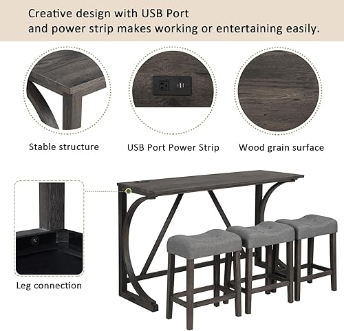 Miniatura 5 de WK696 - Juego de 4 mesas de bar con toma de corriente, mesa de bar y sillas, juego de mesa de bar con 3 taburetes acolchados para sala de estar,