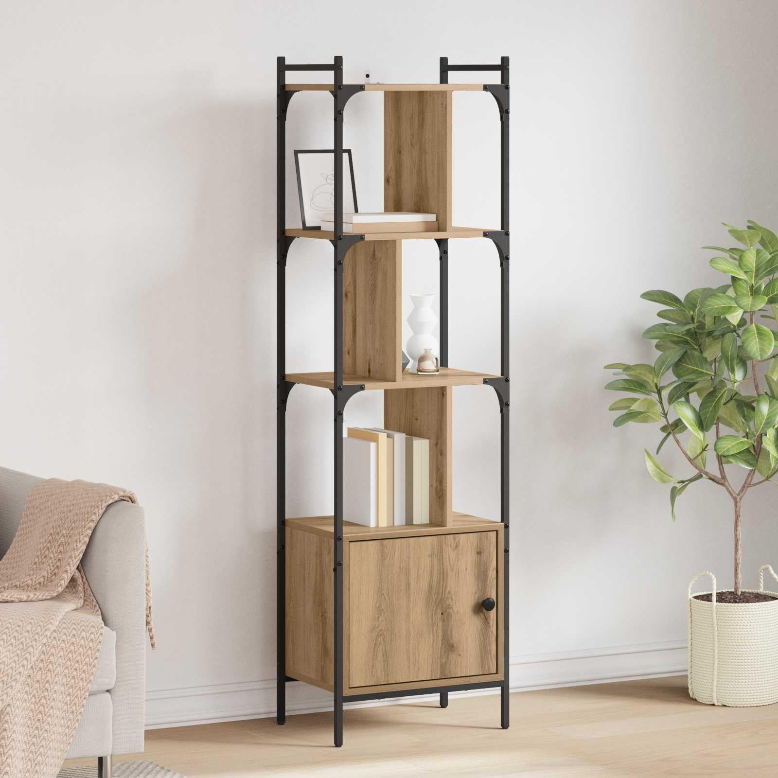 Bücherregal Artisan-Eiche 44,5 x 30 x 154,5 cm Holzwerkstoff mit 6 Regalen und Tür, stabiles Standregal aus Holz und Metall, vielseitiger Stauraum für Bücher, Deko, Ordner im Wohnzimmer