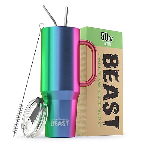 Beast 50 oz Tumbler Stainless Steel Vacuum Insulated Coffee Ice Cup Double Wall Travel Flask (Rainbow) - 50 Ounces - Rainbow