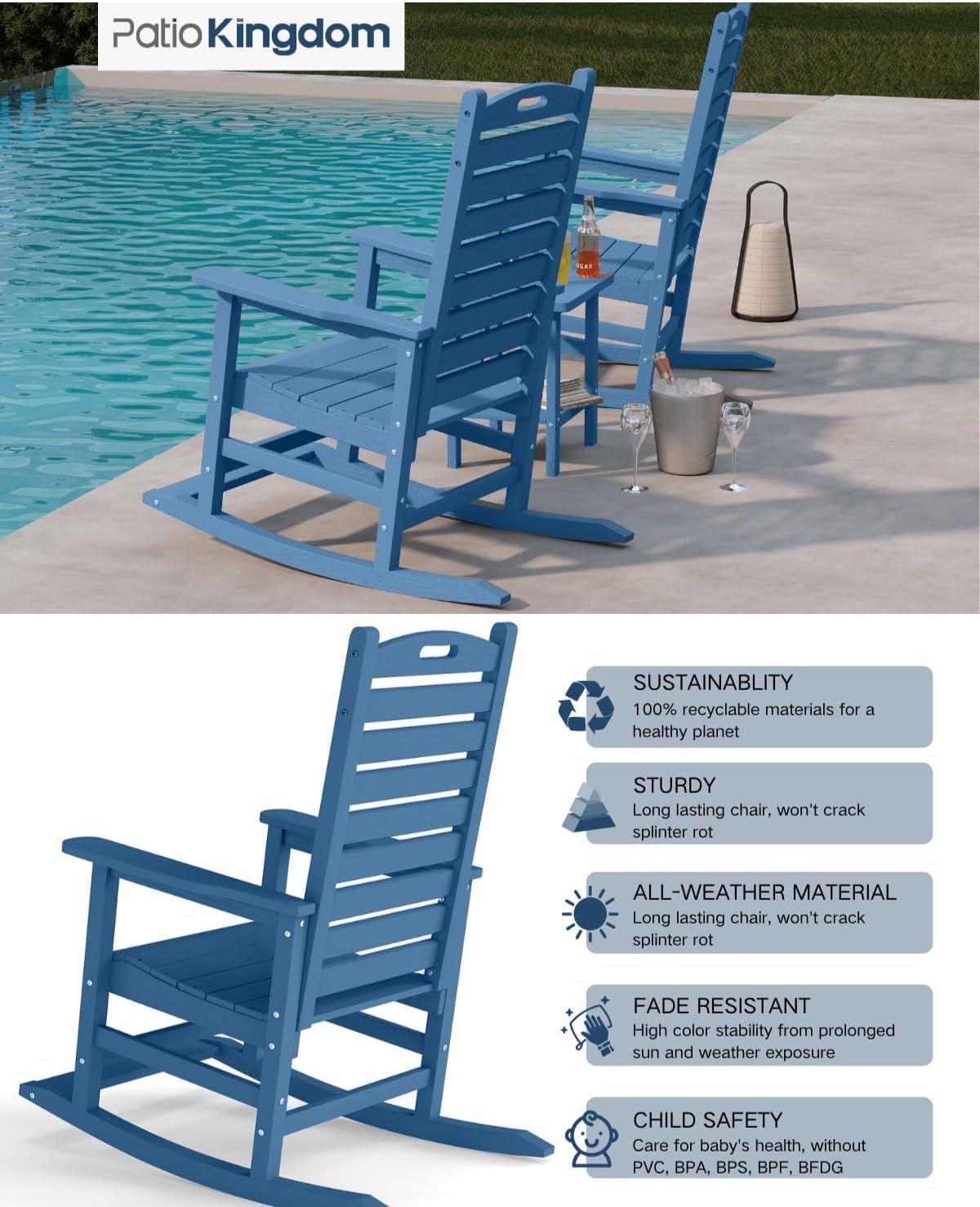 Outdoor Rocking Chairs Set of 2 with Footrest & Side Table, HDPE Modern Rocking Lawn Chair for Garden, Poolside, Deck (Navy Blue)