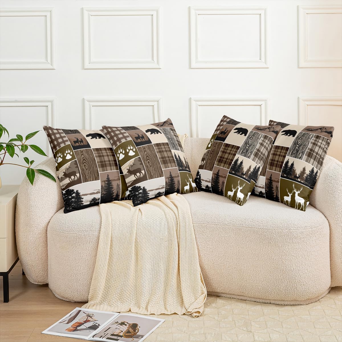 Hunting Deer Throw Pillow Covers for Home Bed Sofa, Rustic Farmhouse Pillow Covers 20x20 Set of 4, Country Moose Bear Decorative Pillow Covers Bedroom Decor, Retro Buffalo Cushion Covers, Brown