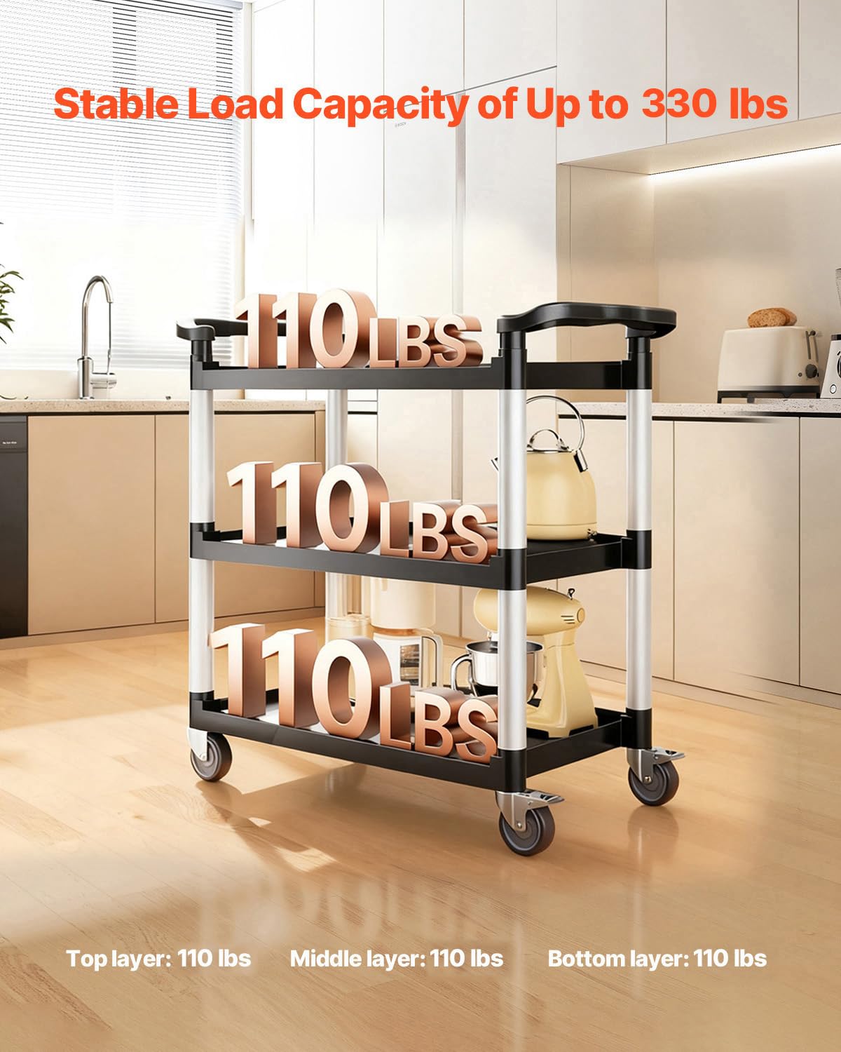 VEVOR Carrello Portavivande, Capacità di Carico 226 kg Carrello per Servizi Alimentari in Plastica a 3 Livelli da 790 x 490 mm con Ruote Girevoli 360° per Magazzino, Ufficio, Casa, Ristorante, Cucina