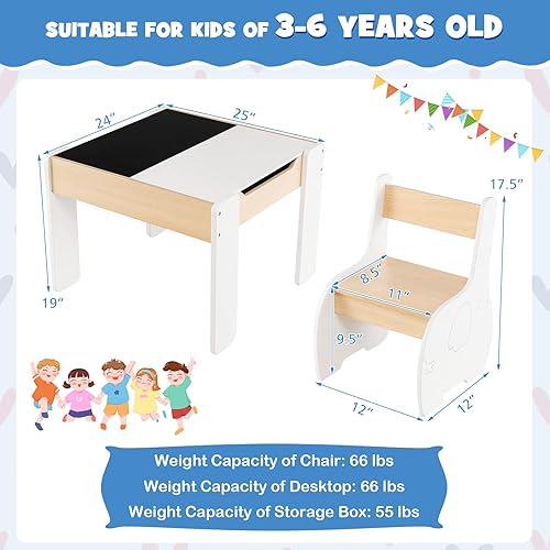 Miniatura 7 de Costzon Juego de mesa y silla para niños mesa de actividades de madera 4 en 1 y 2 sillas para artes manualidades dibujo lectura 3 muebles para niños