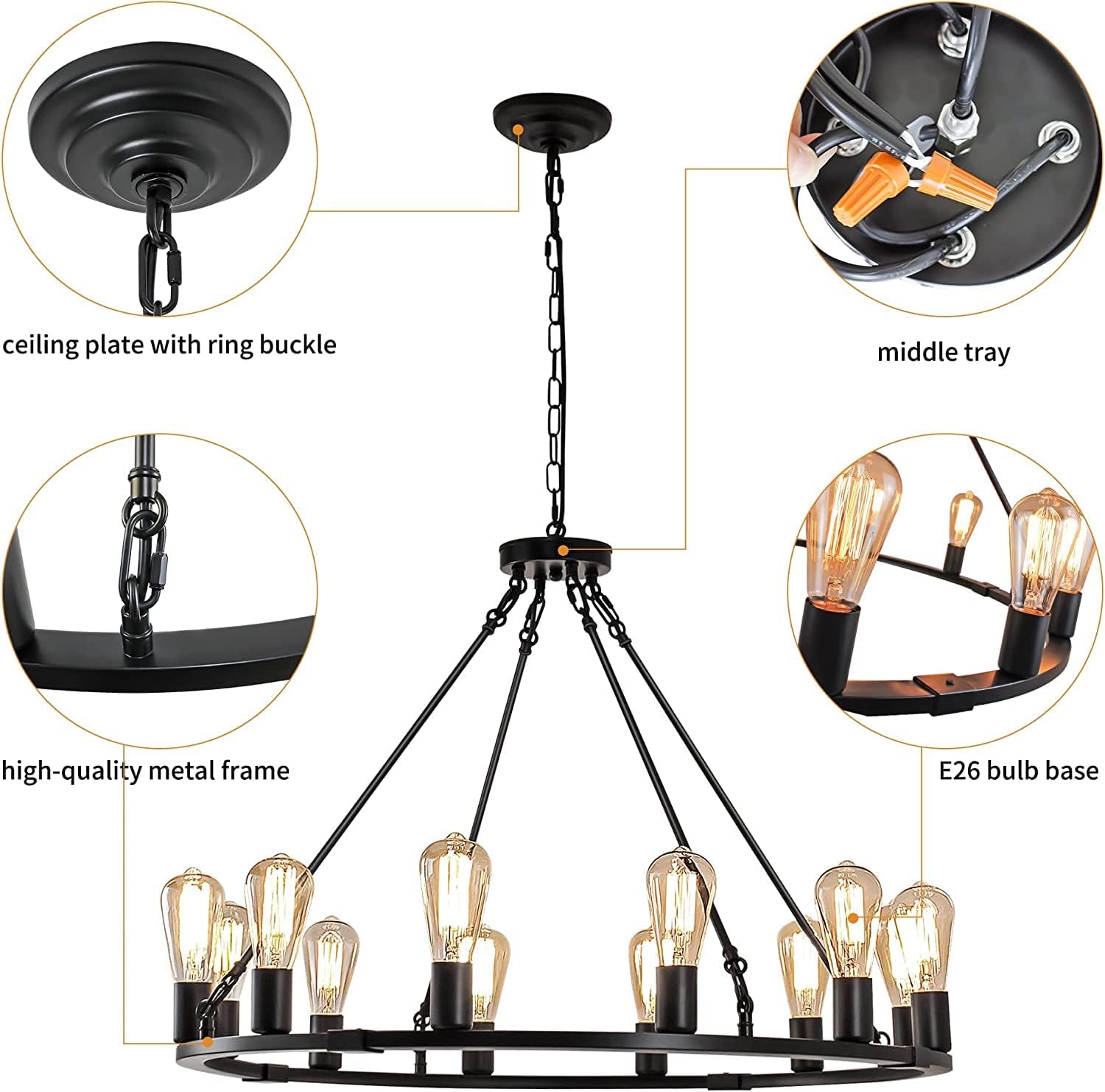 12-Light Black Wagon Wheel Chandelier, 35.4" Large Farmhouse Pendant Lighting, Dimmable Rustic Round Light Fixture for Dining Room, High Ceiling Entryway Foyer, Kitchen Island, Living Room, Porch