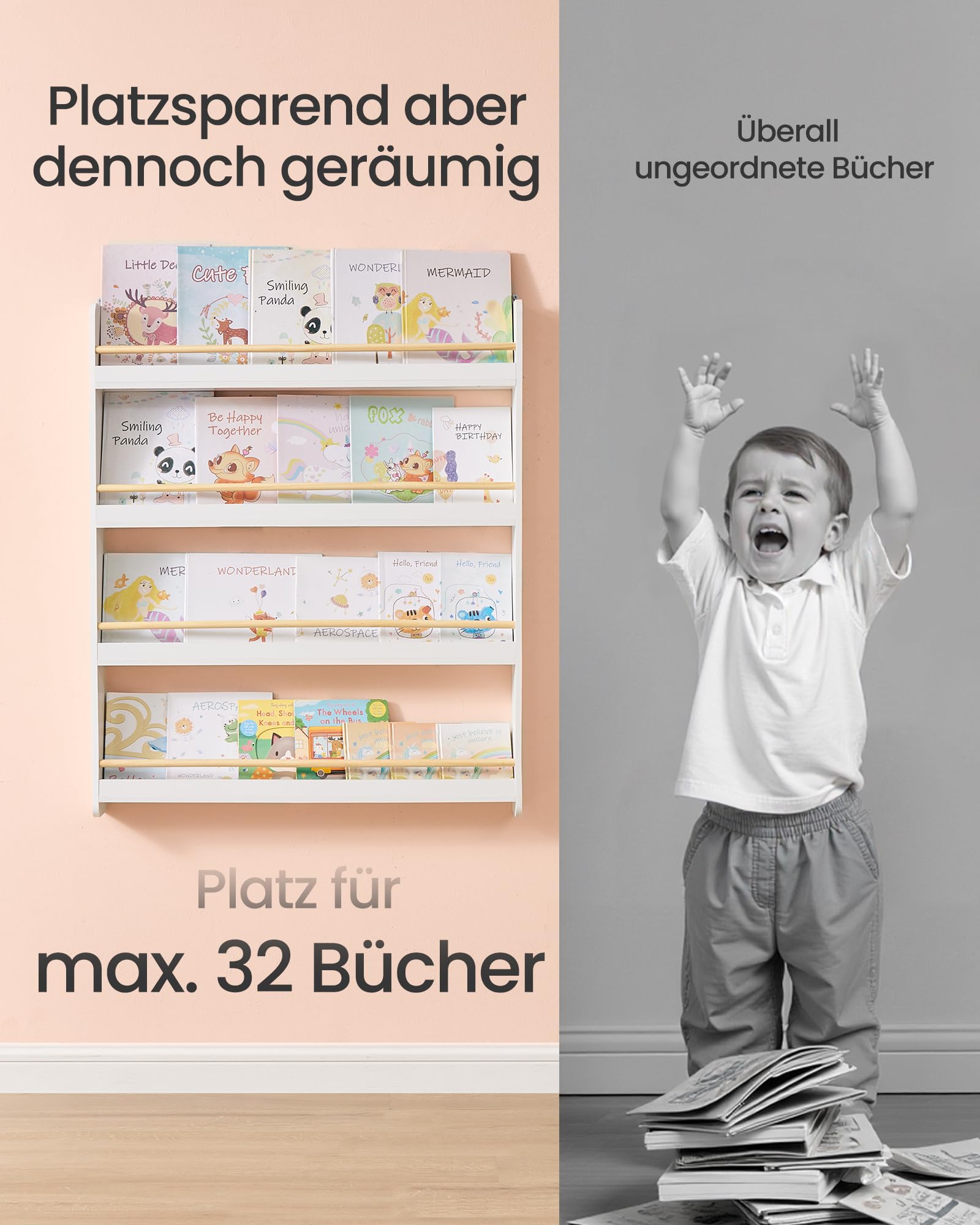 SONGMICS Bücherregal Kinder, 4 Ebenen, Spielzeugregal, Wandregal, weiß-naturfarben GKR014W01