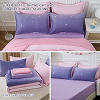 Vista 5 de Juego de edredón rosa y morado tamaño Queen de 7 piezas para niñas, juego de ropa de cama de arcoíris para niños, edredón de microfibra ultrasuave