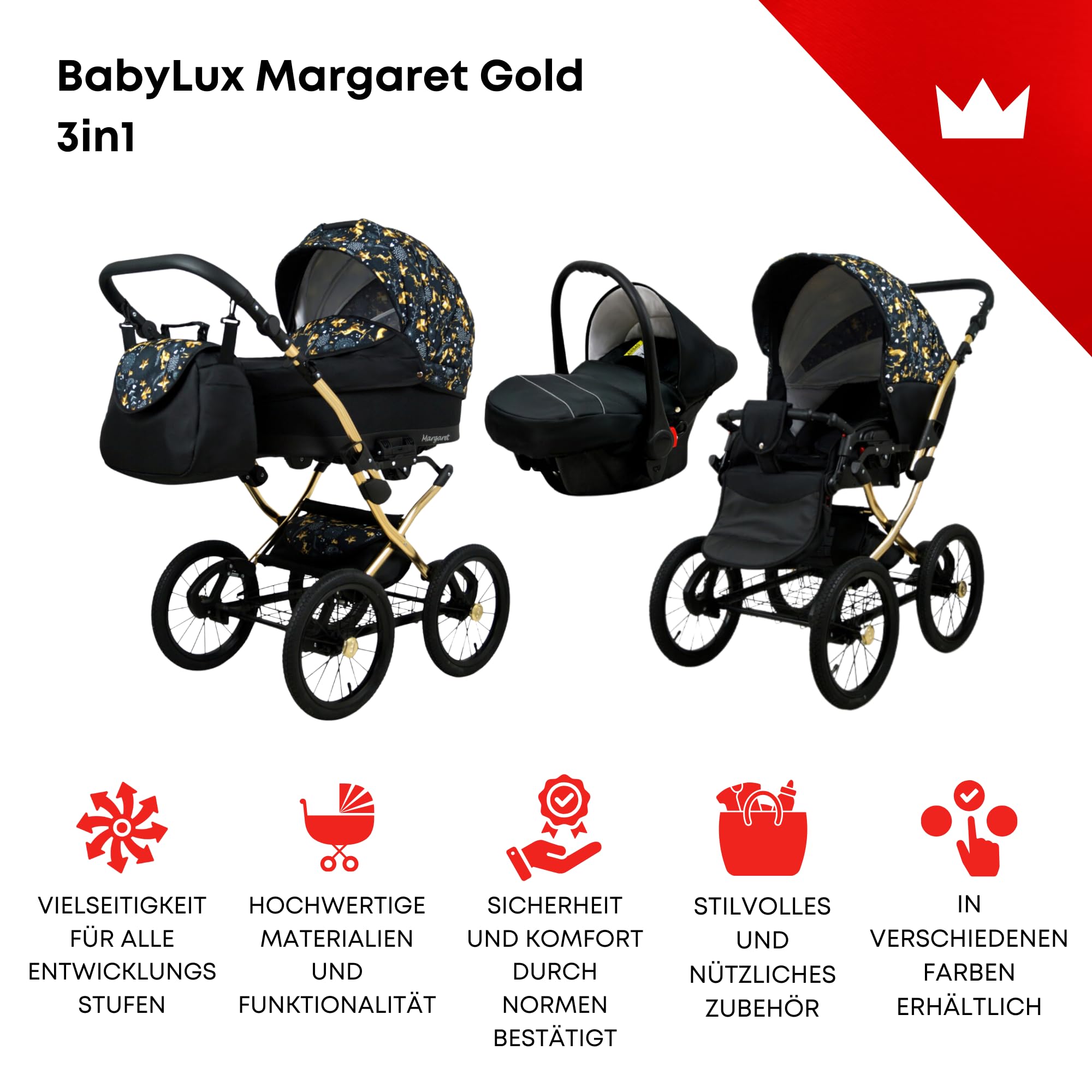 BabyLux Zestaw wózków dziecięcych 3 w 1 – Margaret – w zestawie wanienka dla niemowląt, fotelik sportowy, fotelik samochodowy – zestaw wózków dziecięcych z torbą do przewijania, osłoną