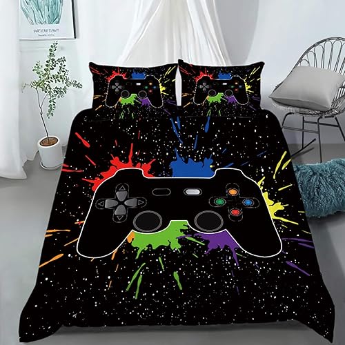 AILONEN - Ropa de cama con estampado de control de videojuegos, para niños, funda de edredón, supersuave y resistente a la decoloración, 3 piezas,
