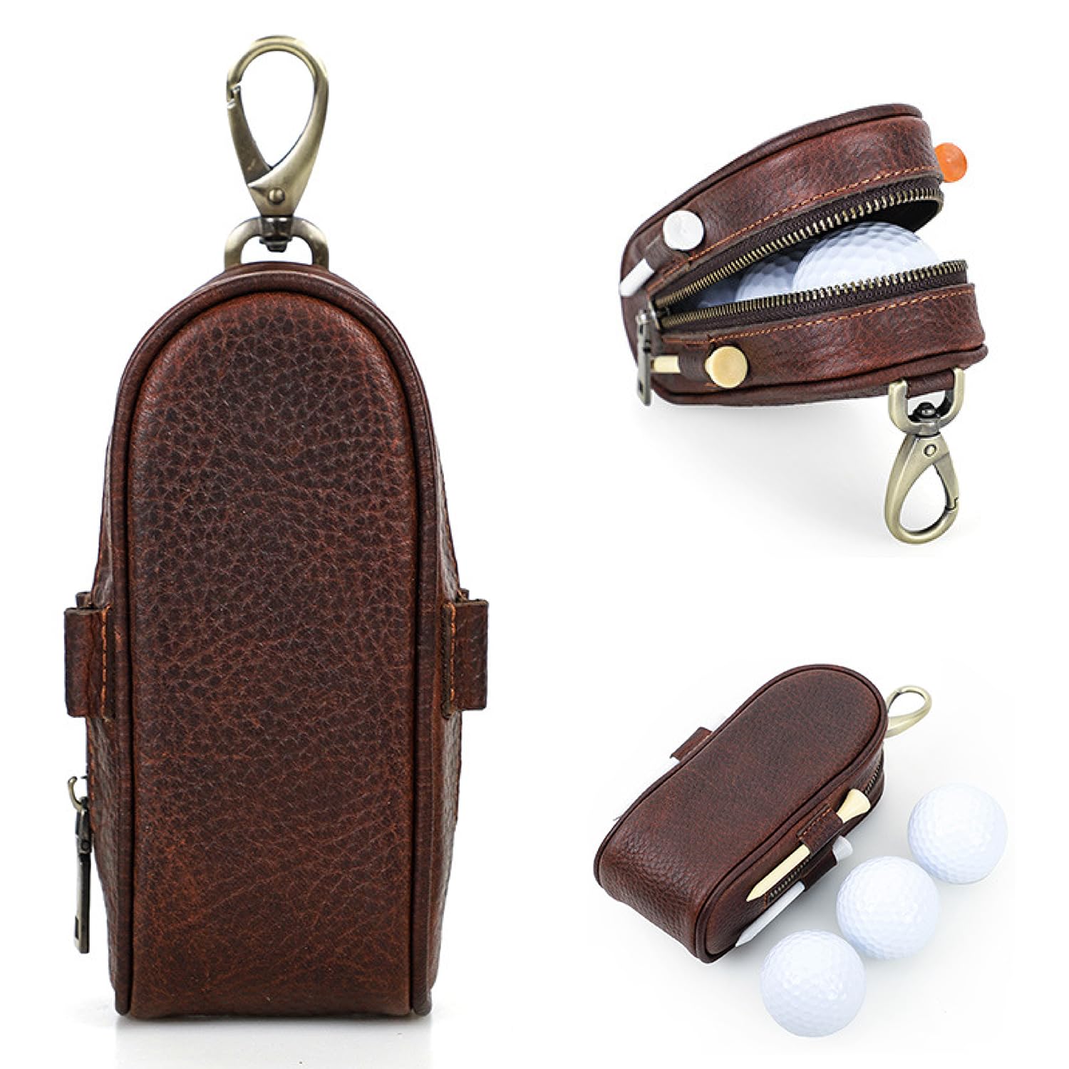 Golfballtasche aus genarbtem Echtleder, Vintage-Design, handgefertigt, ohne Logo, tragbar und hält bis zu 3 Bälle und 4 Tees, Golf-Zubehör, Geschenk für Mann und Frau