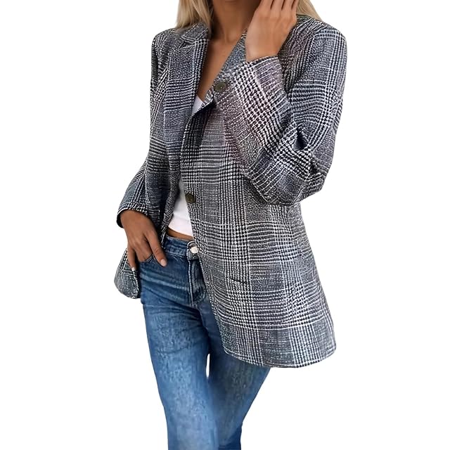 Womens Tweed Blazer Casual Plaid Houndstooth Blazer Work Suit Jackets Lapel Collar Button Boyfriend Work Jacket