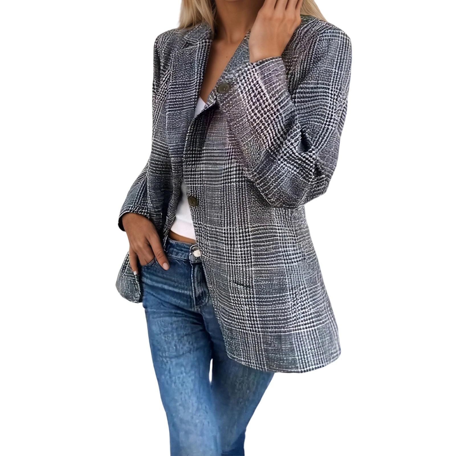 Womens Tweed Blazer Casual Plaid Houndstooth Blazer Work Suit Jackets Lapel Collar Button Boyfriend Work Jacket