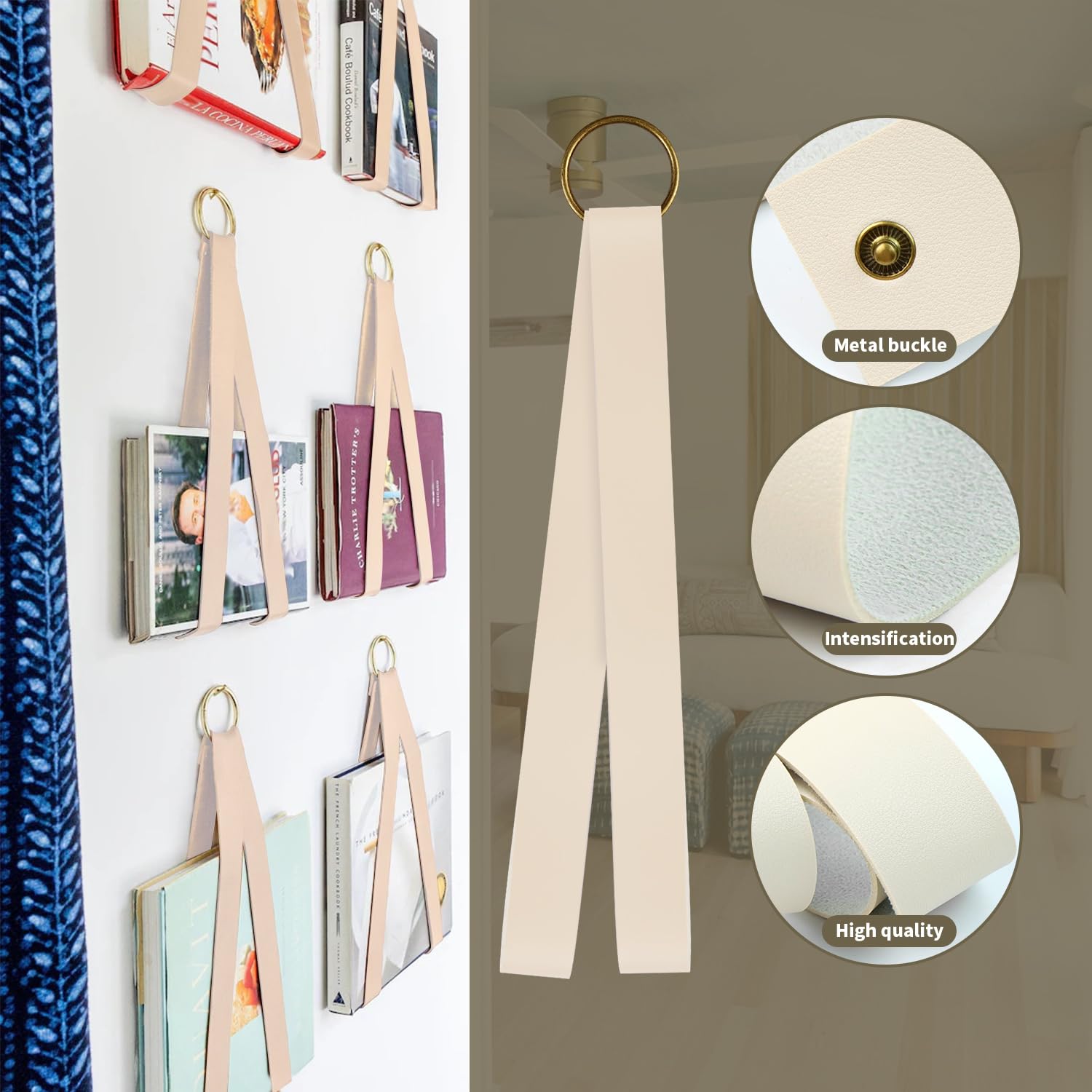 Revistero Archivador de Piel, Estante Colgante para Libros, Beige