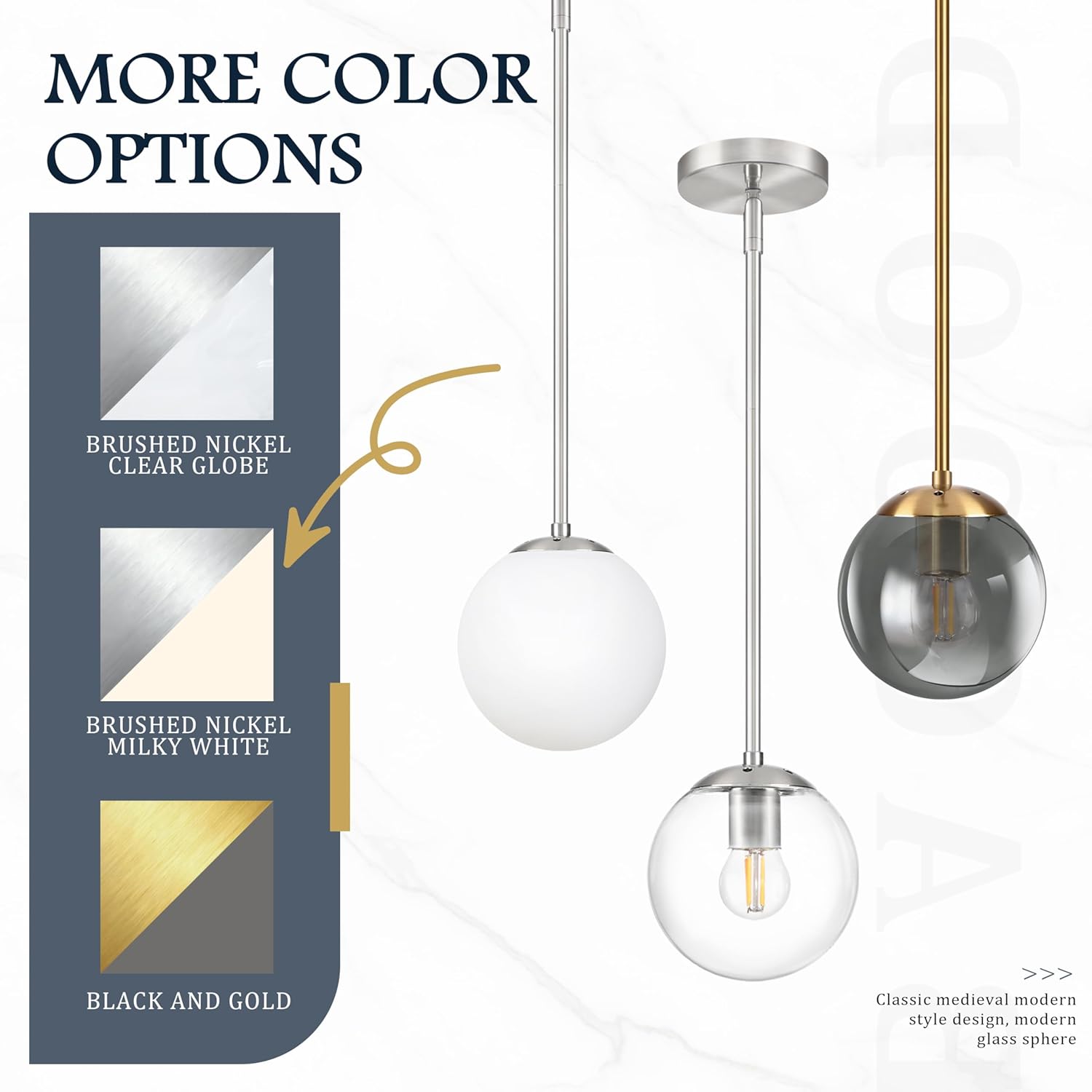 Bagood 10 Inch Globe Pendant Light Nickel Globe Pendant Lights Kitchen Island Mid Century Light Fixture with Milky White Glass Contemporary Adjustable Hanging Lights for Dining Room (Bulb Included)